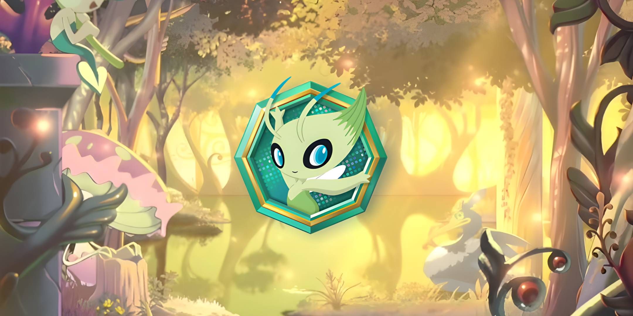 The Celebi emblem, in front of a woodland scene surrounded by other Pokemon in the Mythical Island expansion.