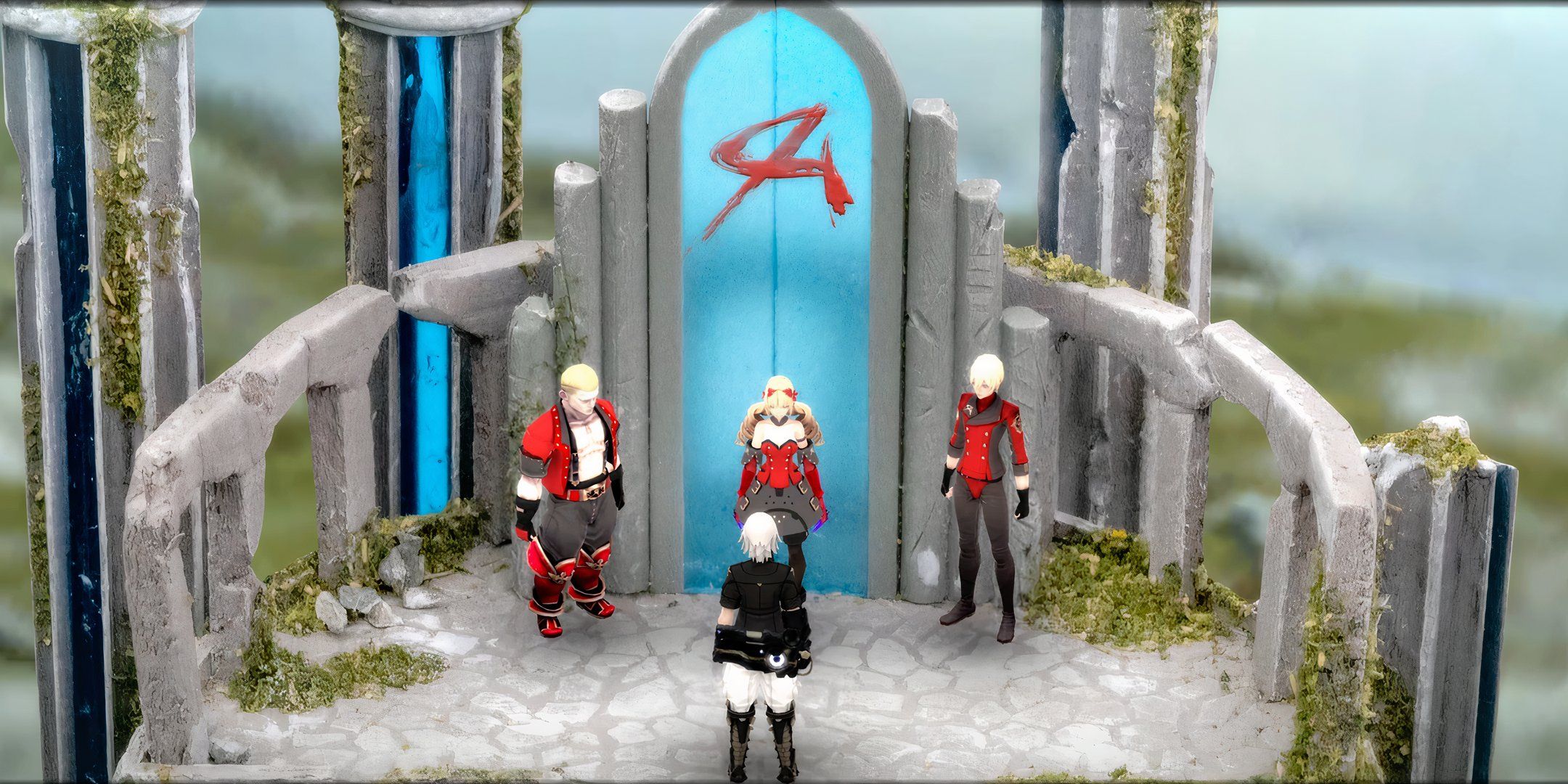 Leo looks at the Tri-Stars as they stand in front of a blue door marked with their symbol in Fantasian Neo Dimension.