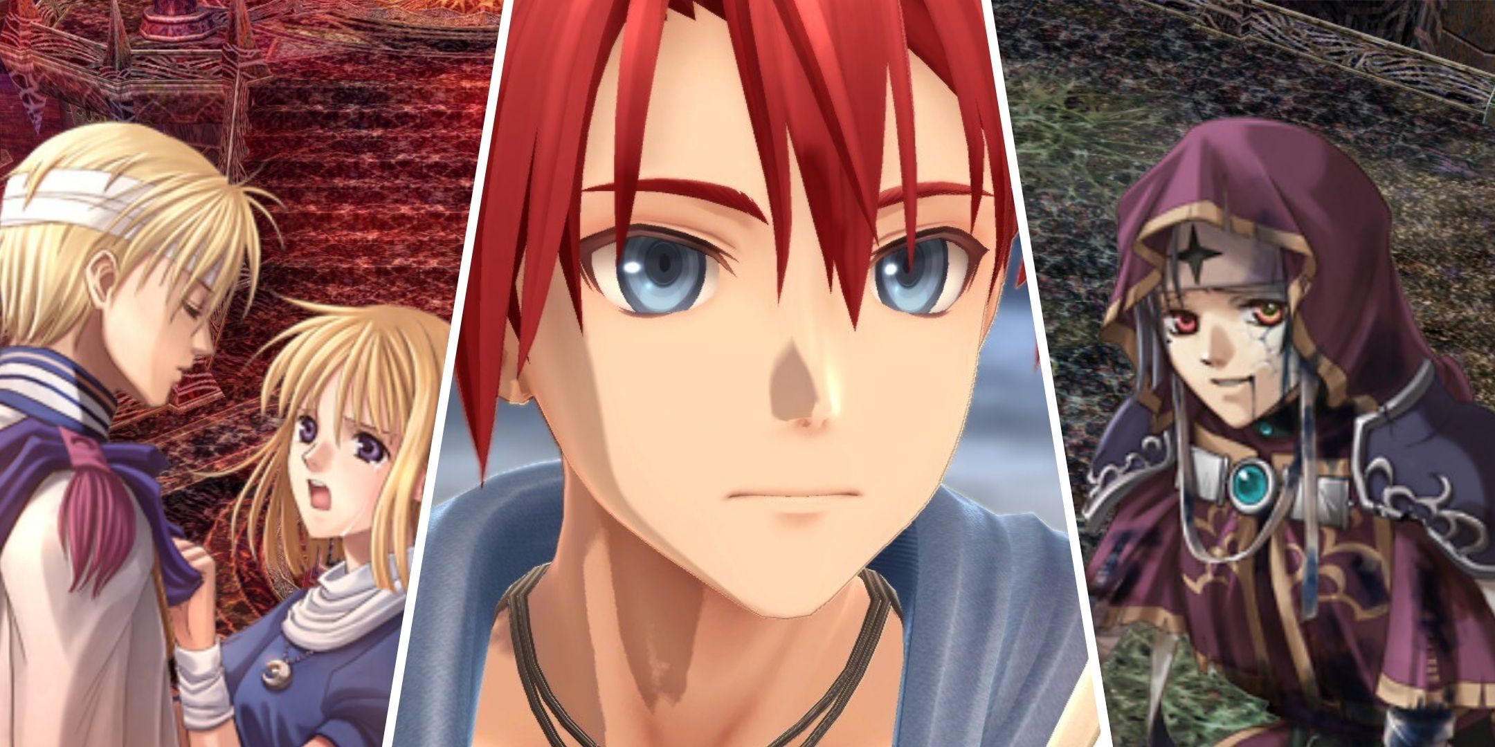 Split images of cutscenes from Ys Memoire: The Oath In Felghana and Ys X: Nordics.