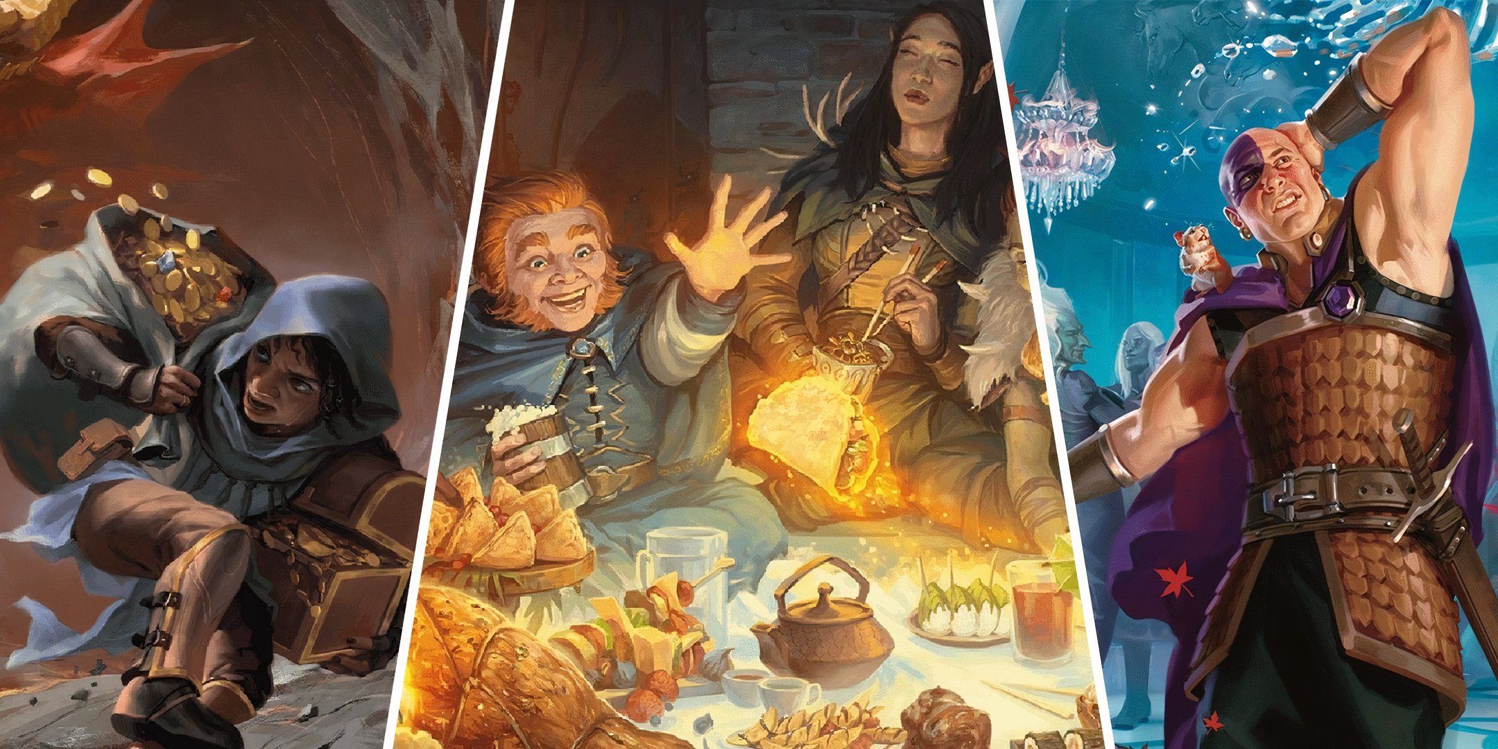 Split image featuring a thief carrying a sack of gold, an adventuring party having a feast, and minsc dancing from dungeons and dragons.