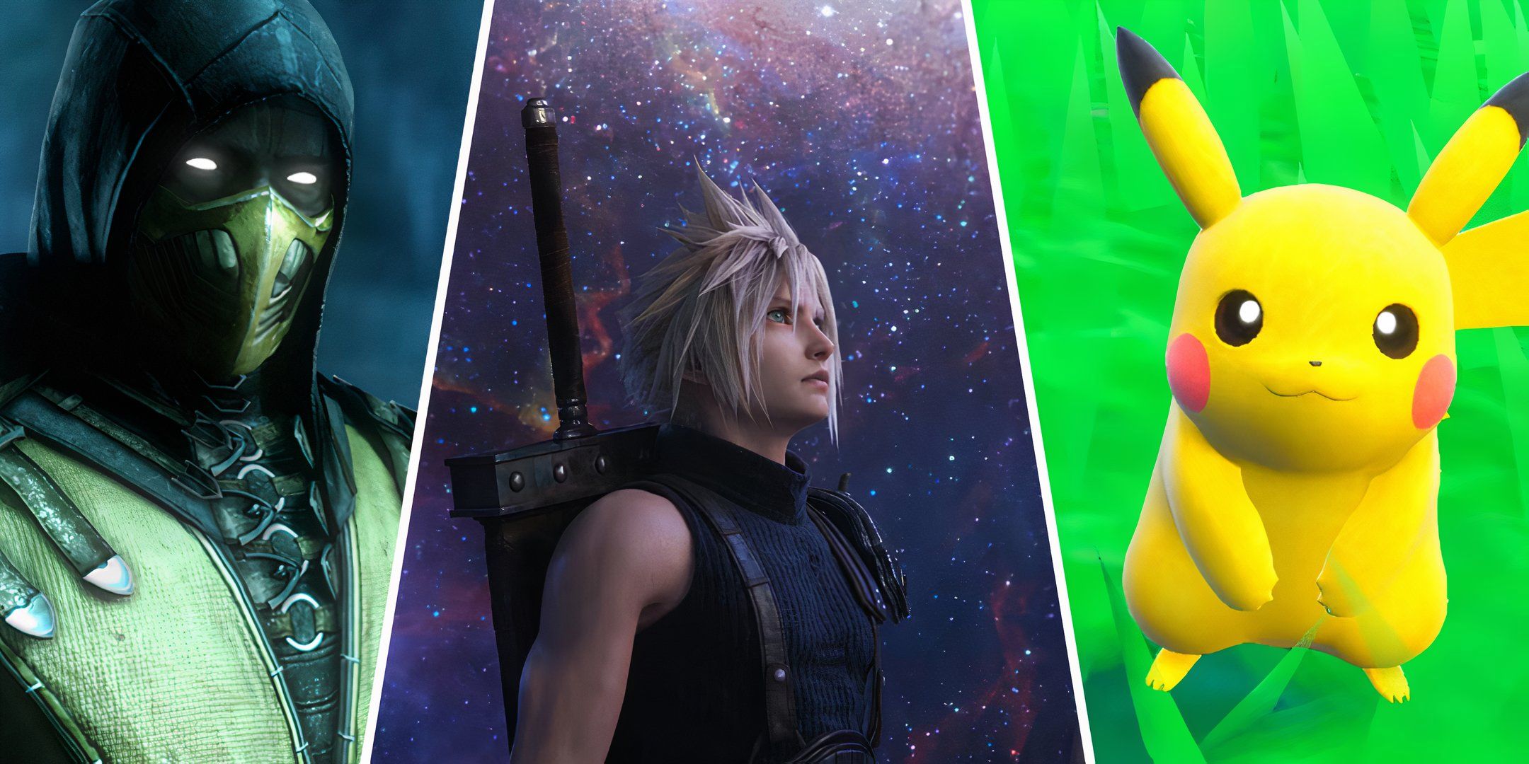 Scorpion from Mortal Kombat, Cloud from Final Fantasy VII, and Pikachu from Pokemon.