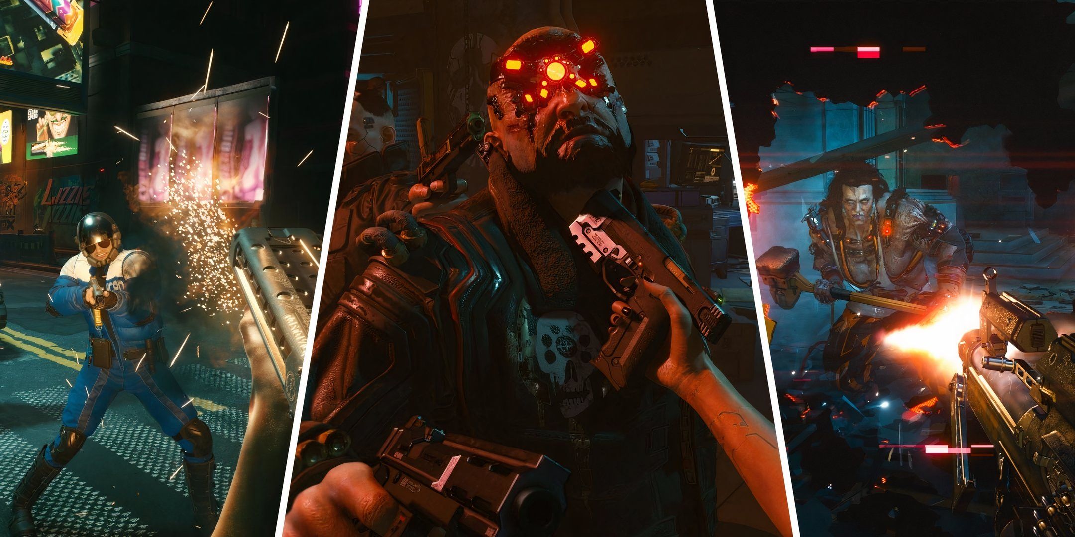 Split image showing player character holding guns to three different enemies in cyberpunk 2077.