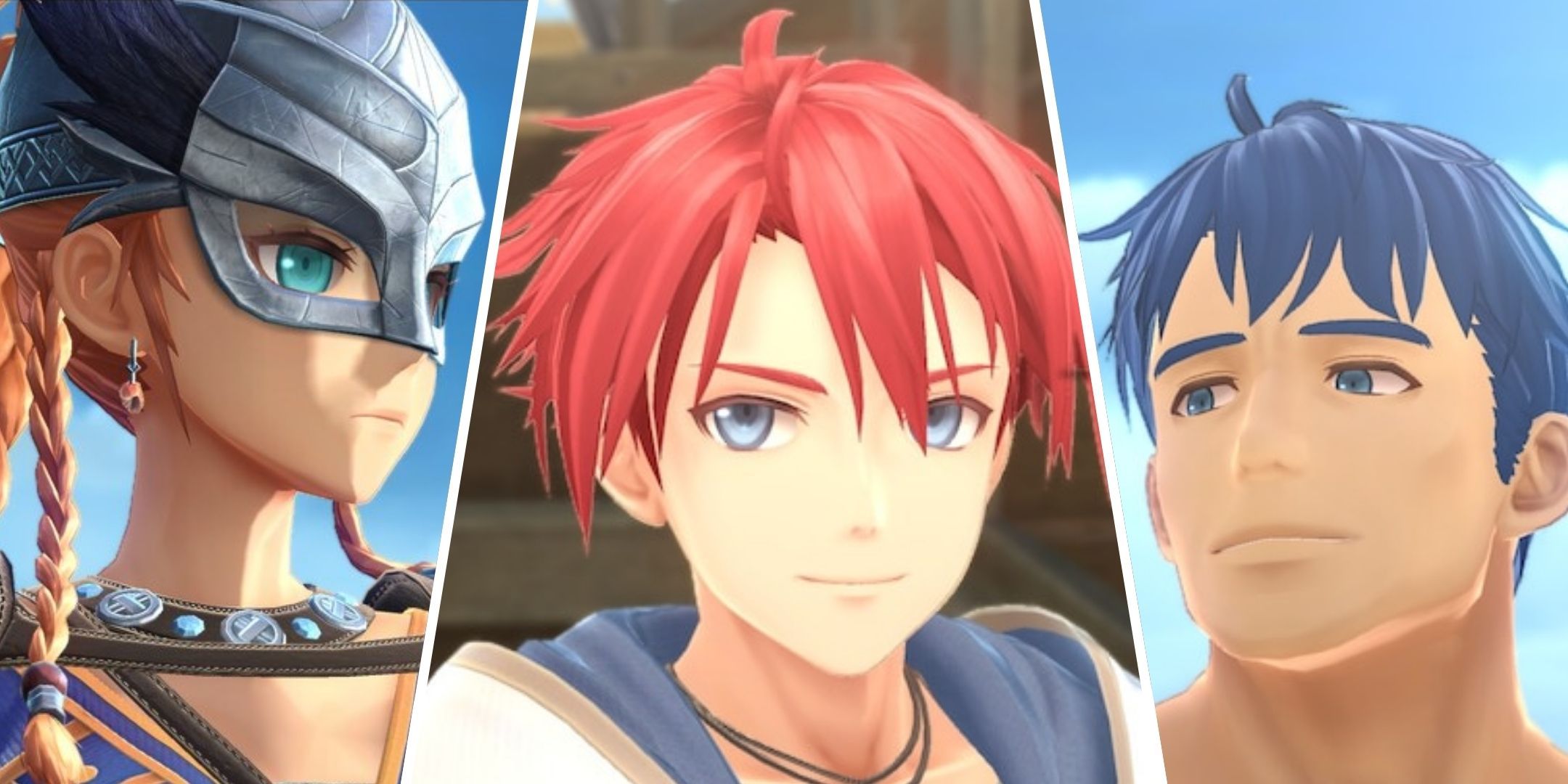 A split image of Karja, Adol and Dogi from Ys X: Nordics.