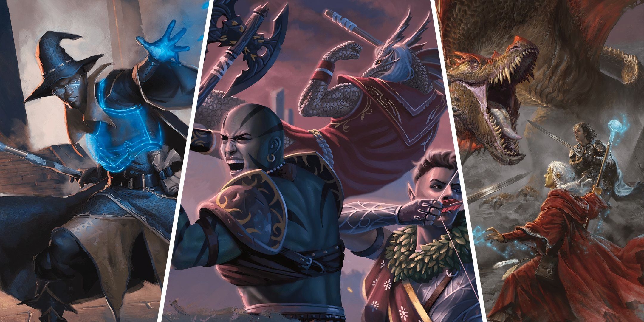 A split image featuring various D&D characters fighting. 