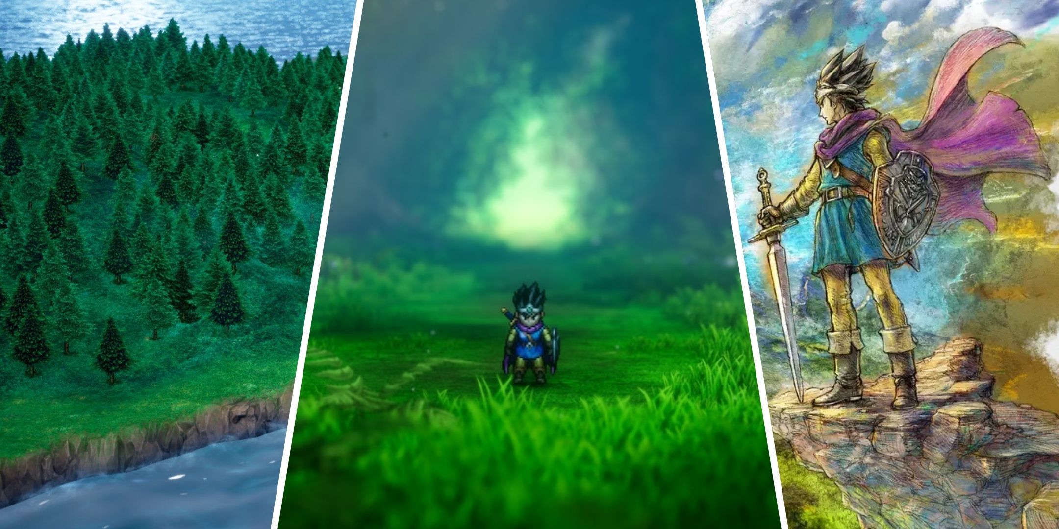 Split image of gameplay and artwork from Dragon Quest 3 HD-2D Remake.