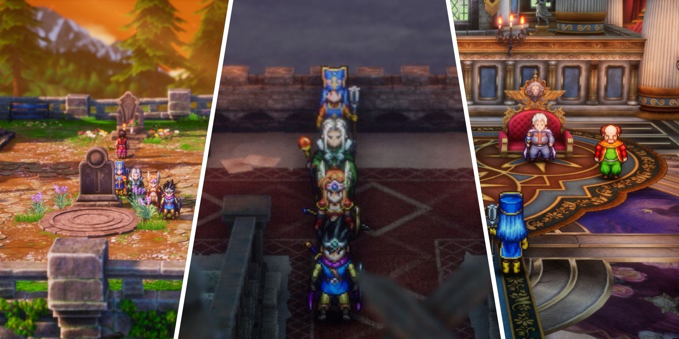 Split images of gameplay from Dragon Quest 3 HD-2D Remake.