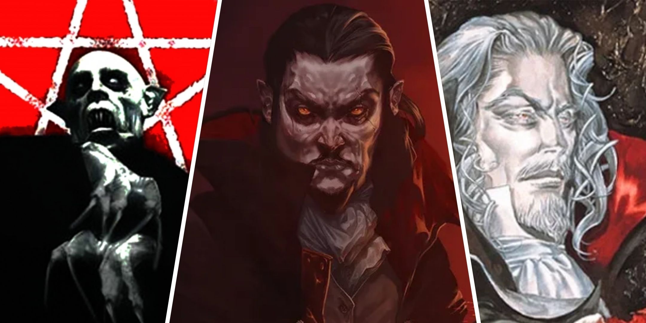 Split images of Count Orlok, Vampire Survivors and Dracula from Castlevania.