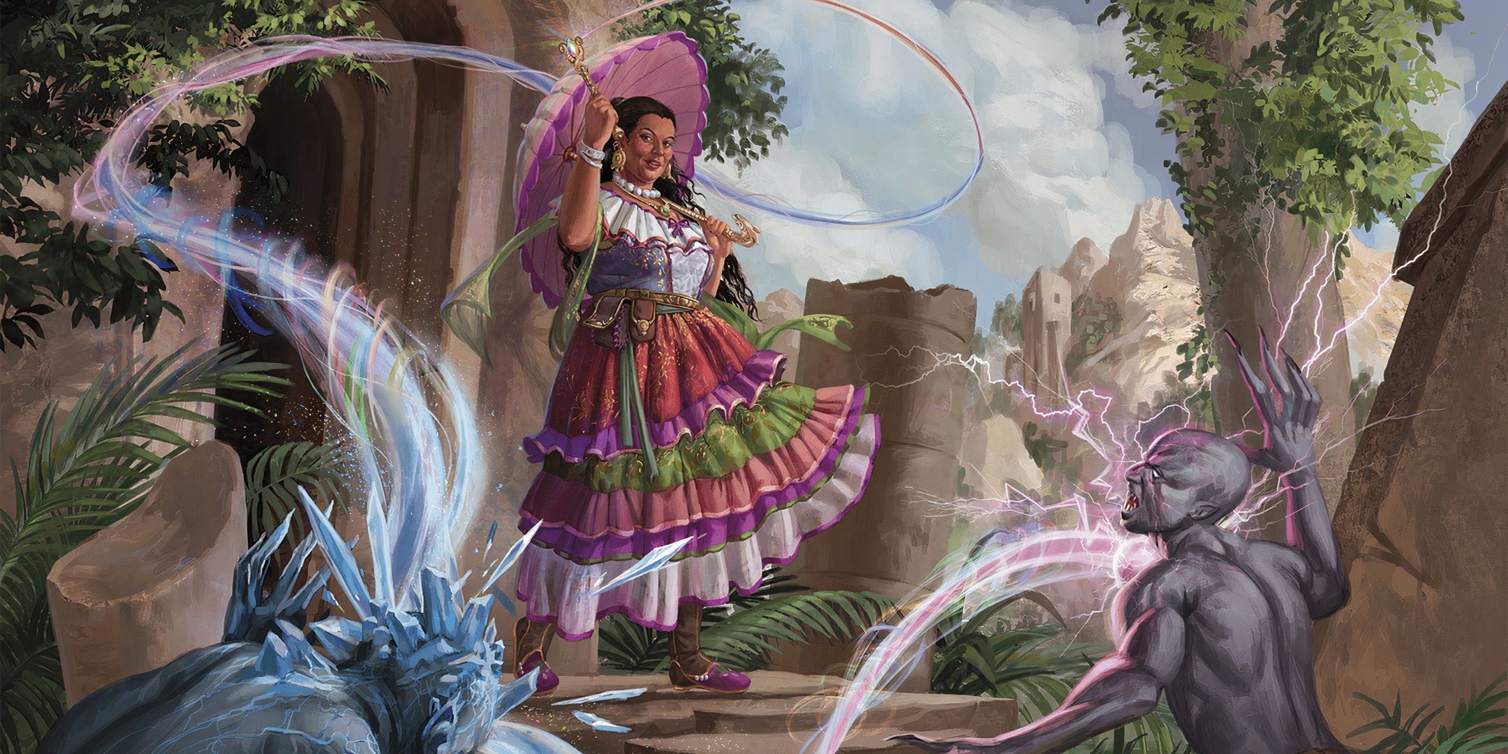 A woman in a colorful skirt and blouse casts a spell using a magic wand in Dungeons & Dragons. 