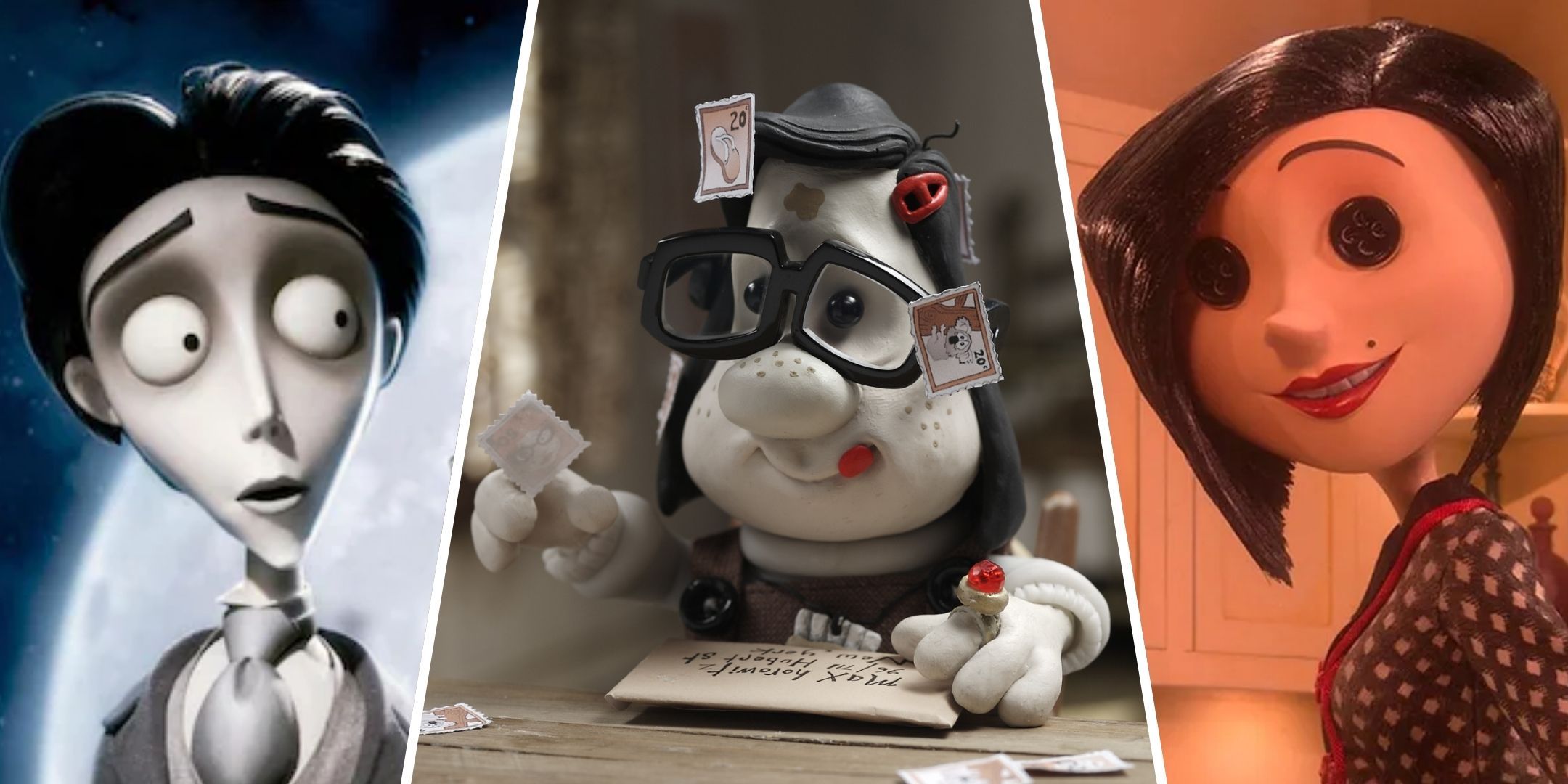 Split image of characters from Corpse Bride, Mary and Max and Coraline.