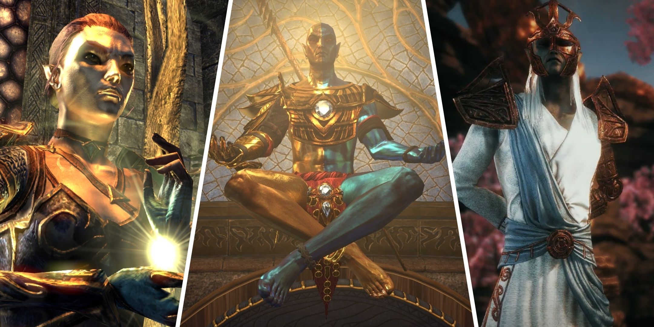 A collage of Almalexia, Vivec and Sotha Sil.