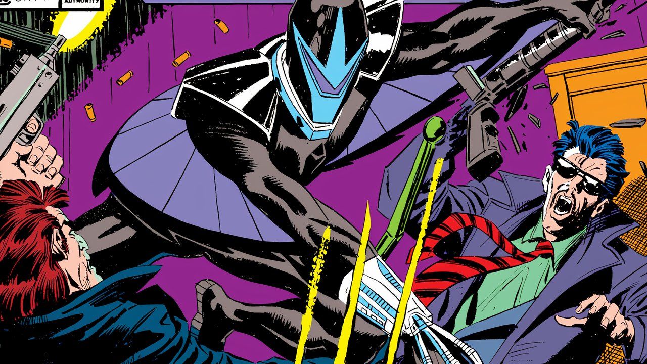 Cover for issue #1 of Darkhawk where he fights against some bad guys.