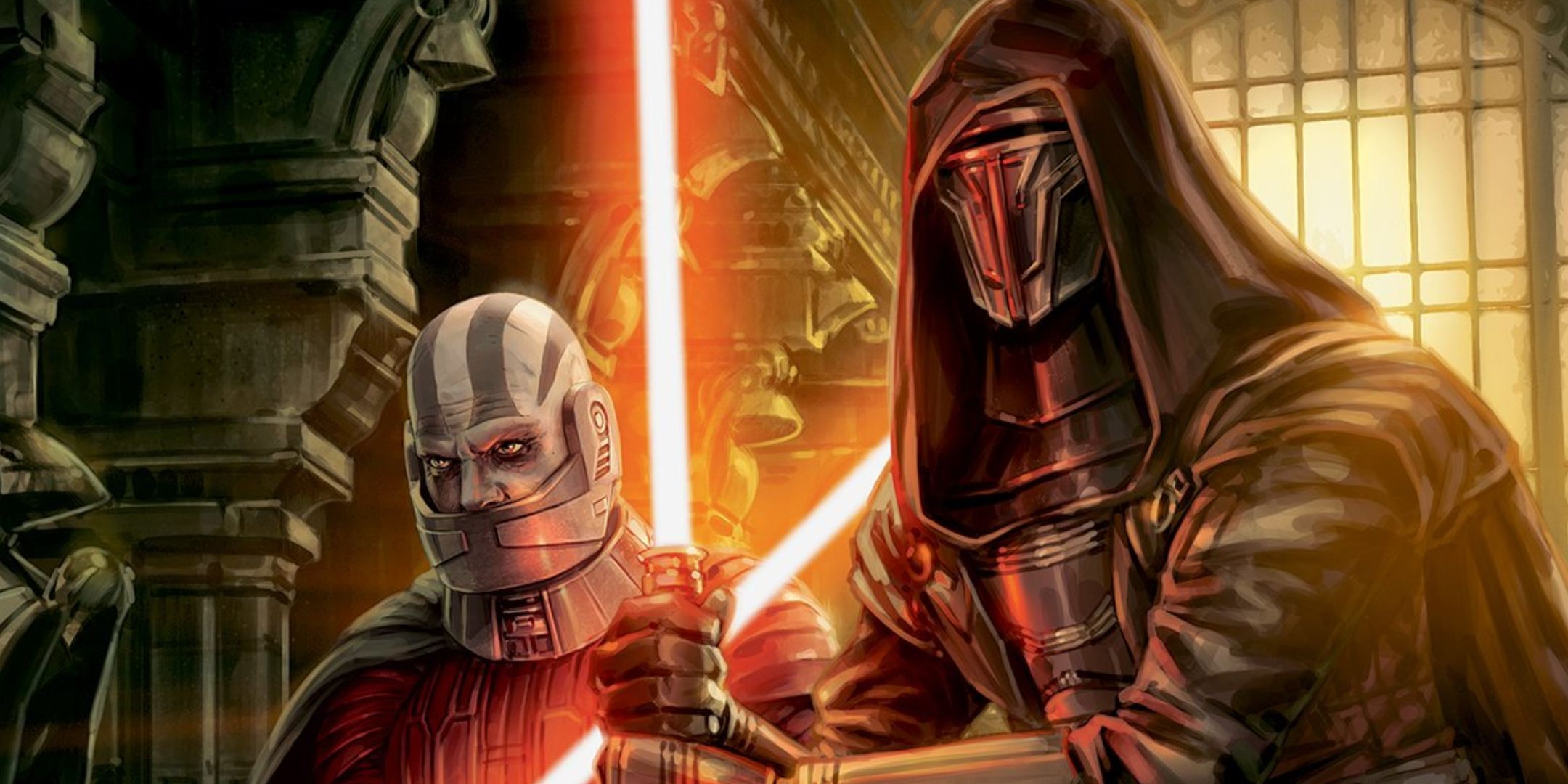 Two sith lords - Darth Malak and Darth Revan - standing side by side. Revan has ignited a red lightsaber