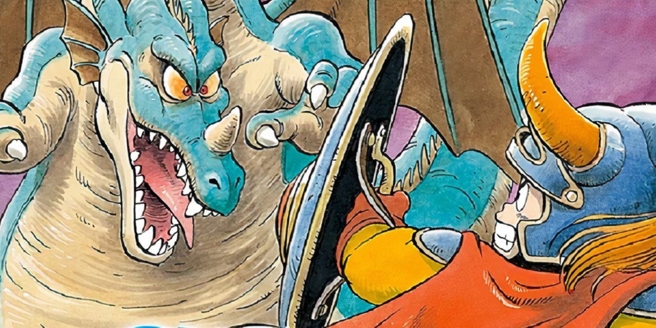 the Hero battles the Dragon Lord in official art for Dragon Quest (1986) by Akira Toriyama.