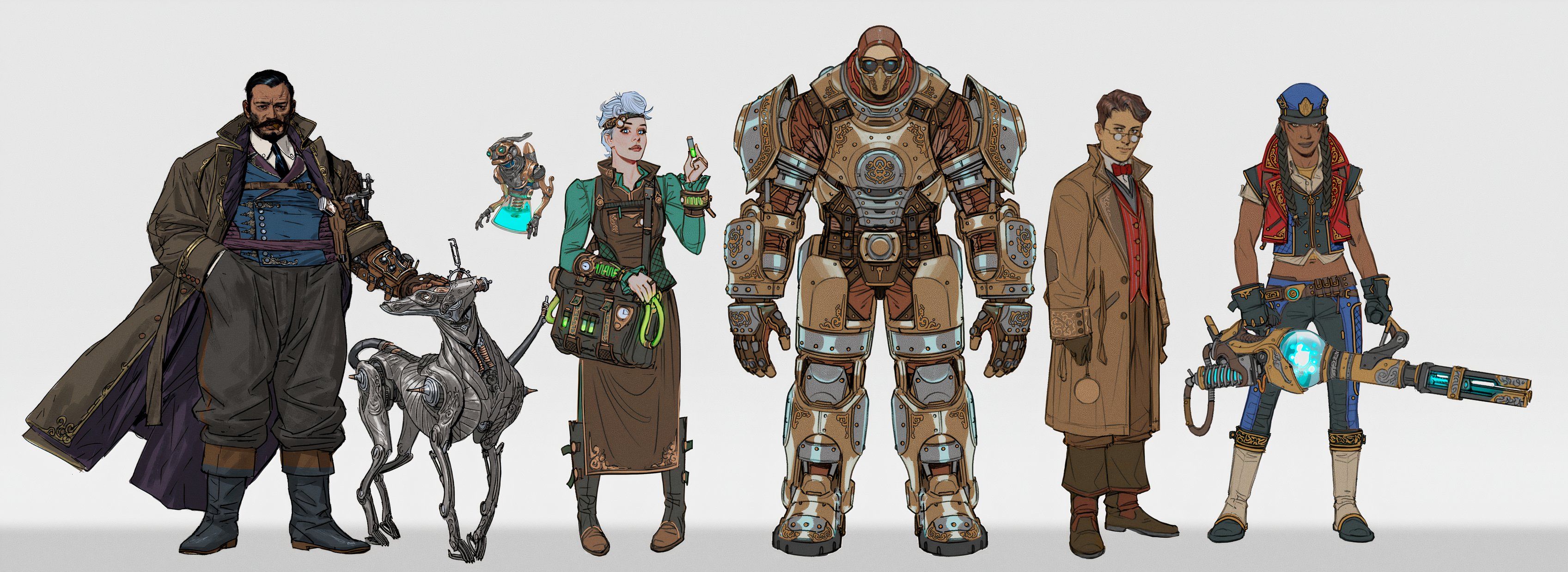 Eberron Dungeons &amp; Dragons Concept Character Line up showcasing five characters by John Grello.