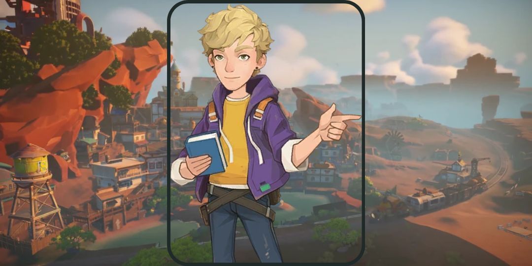 Ernest from My Time At Sandrock is shown. He is a blonde haired young man with a purple jacket and a blue book.