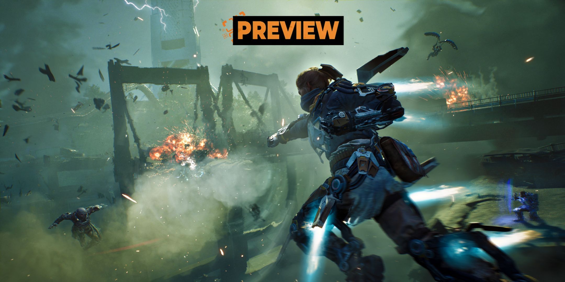 A preview card for Exoborne showing the Reborn fighting in a tornado.