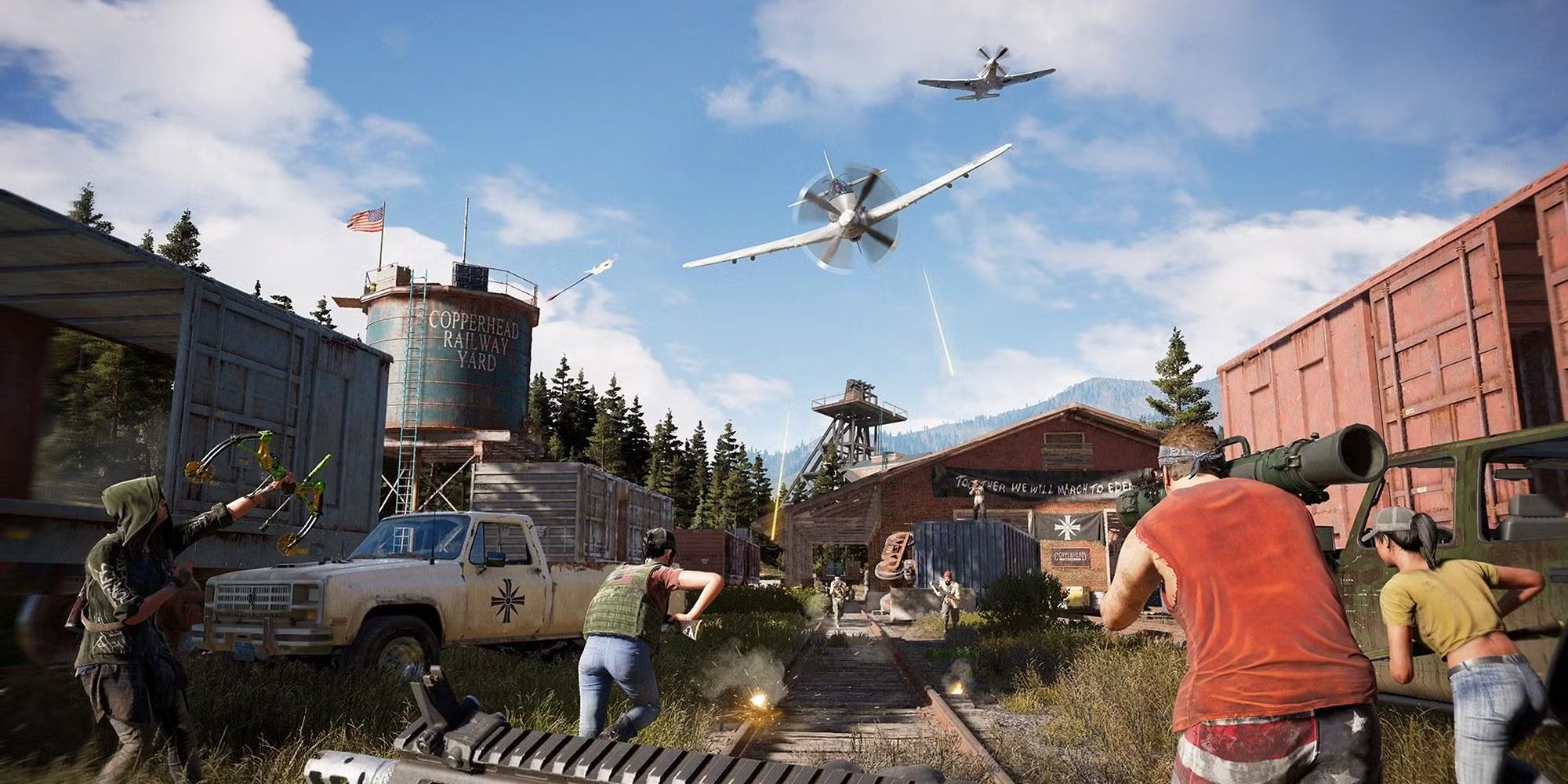 A large battle with planes raining down in Far Cry 5.