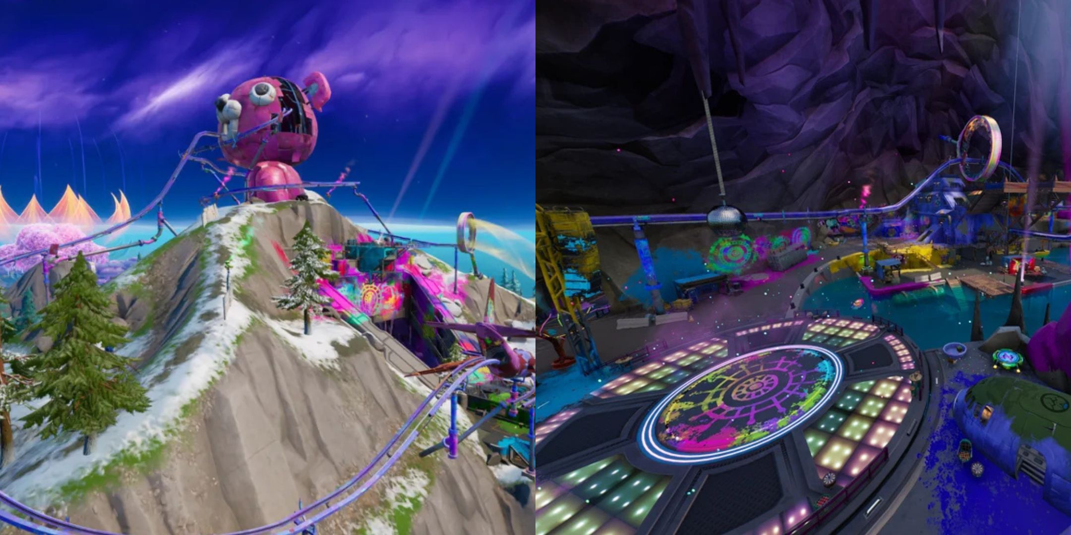 Fortnite&rsquo;s Rave Cave POI from the outside and on the inside.