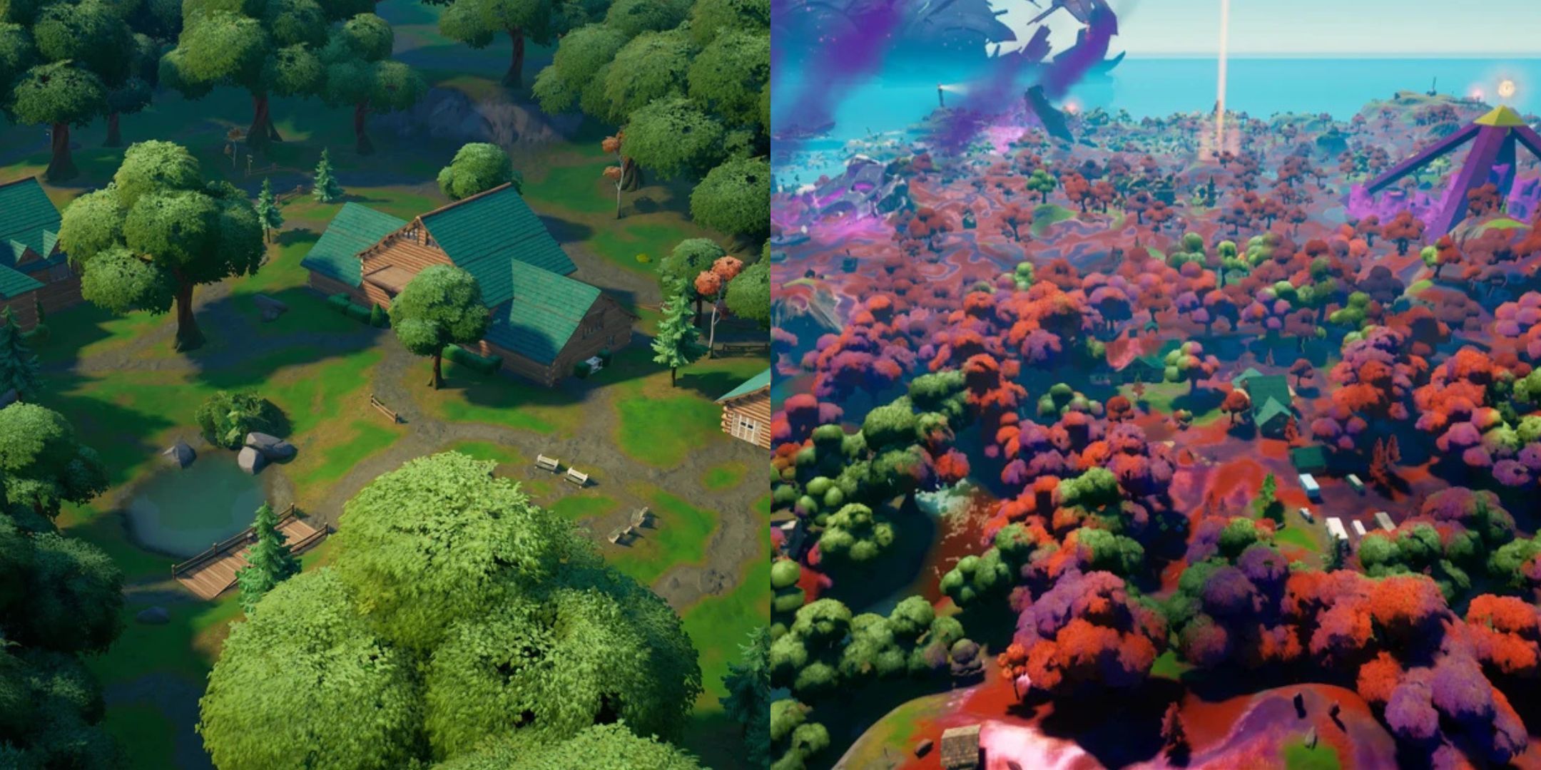 Screenshots of Fortnite&rsquo;s Weeping Woods POI on different seasons.