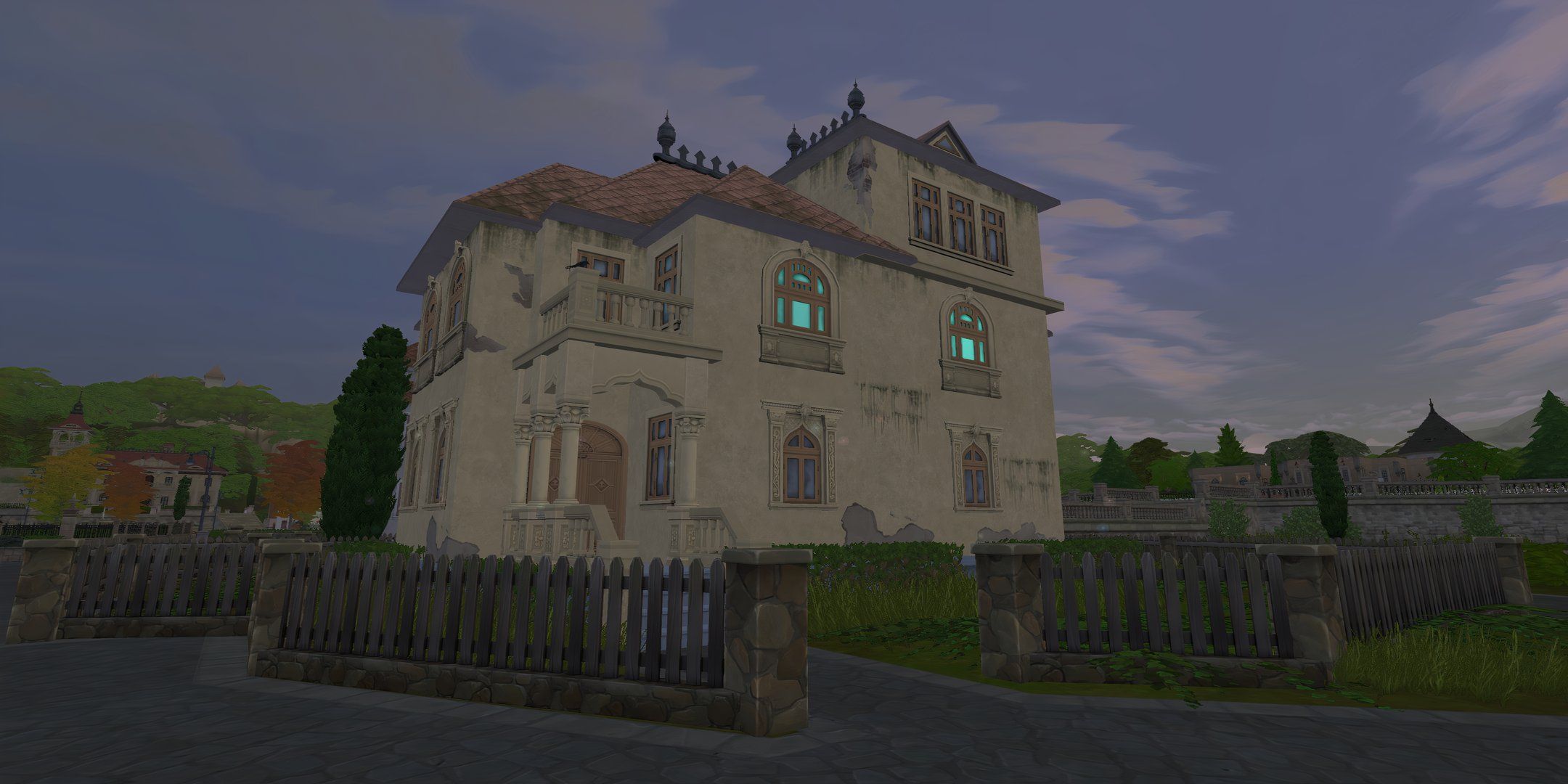 A Golden Oldies house in The Sims 4 with a purple sunset. The windows are glowing blue.