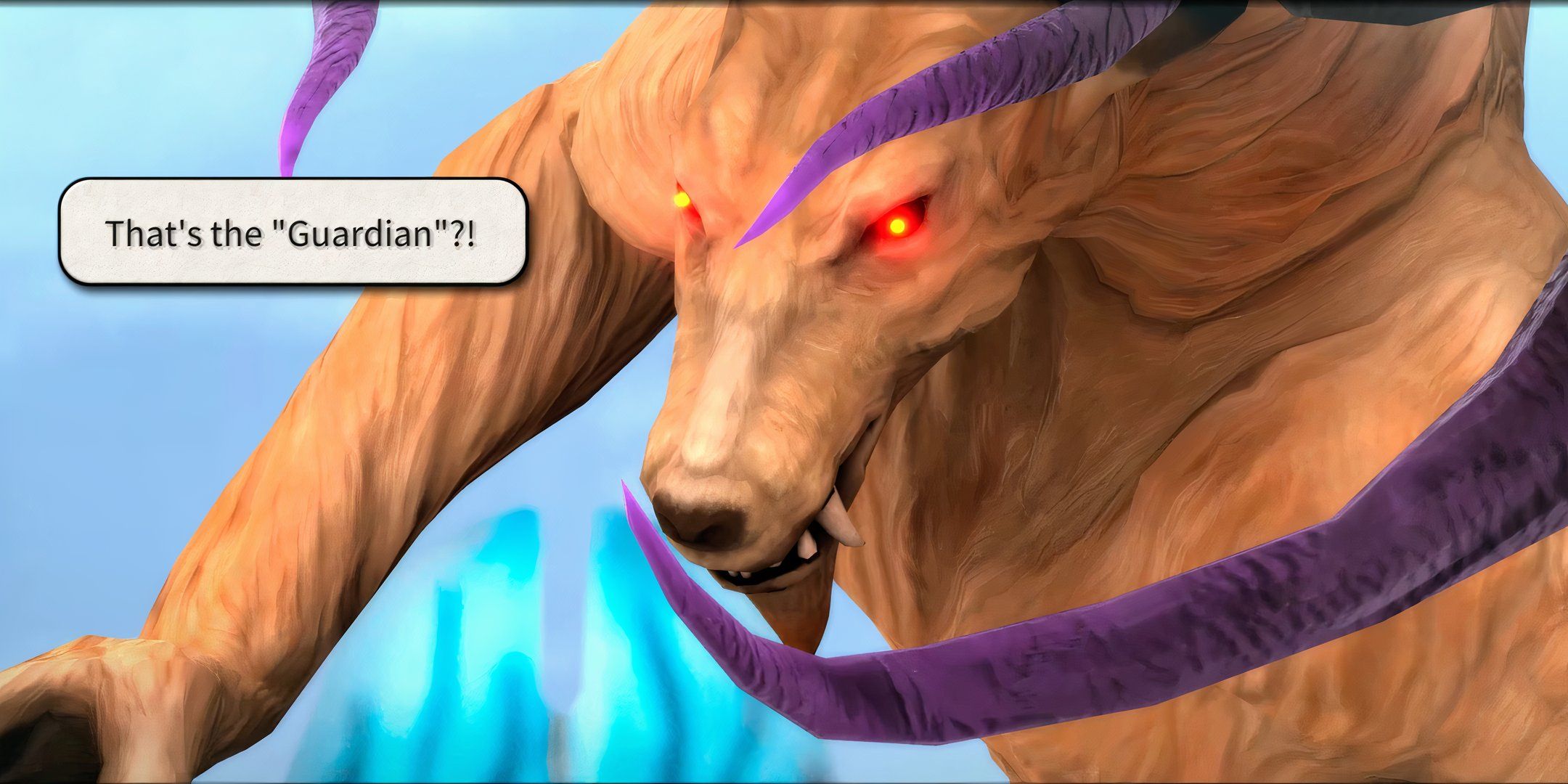 A close up of the guardian&rsquo;s face, with a quote from the character that reads, &ldquo;That&rsquo;s the guardian?!&rdquo; on the left of the screen in Fantasian Neo Dimension.