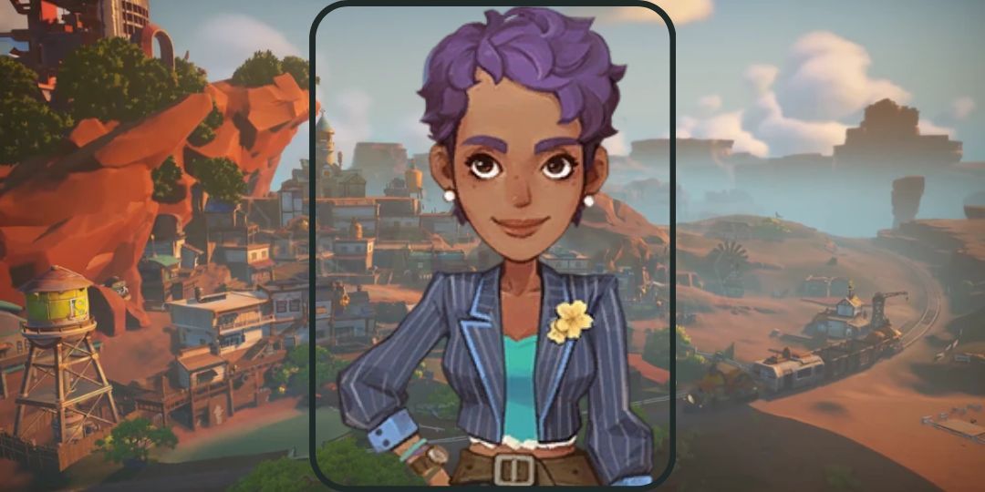 Heidi from My Time At Sandrock is shown. She is a young lady with [purple hair and a pinstripe jacket.