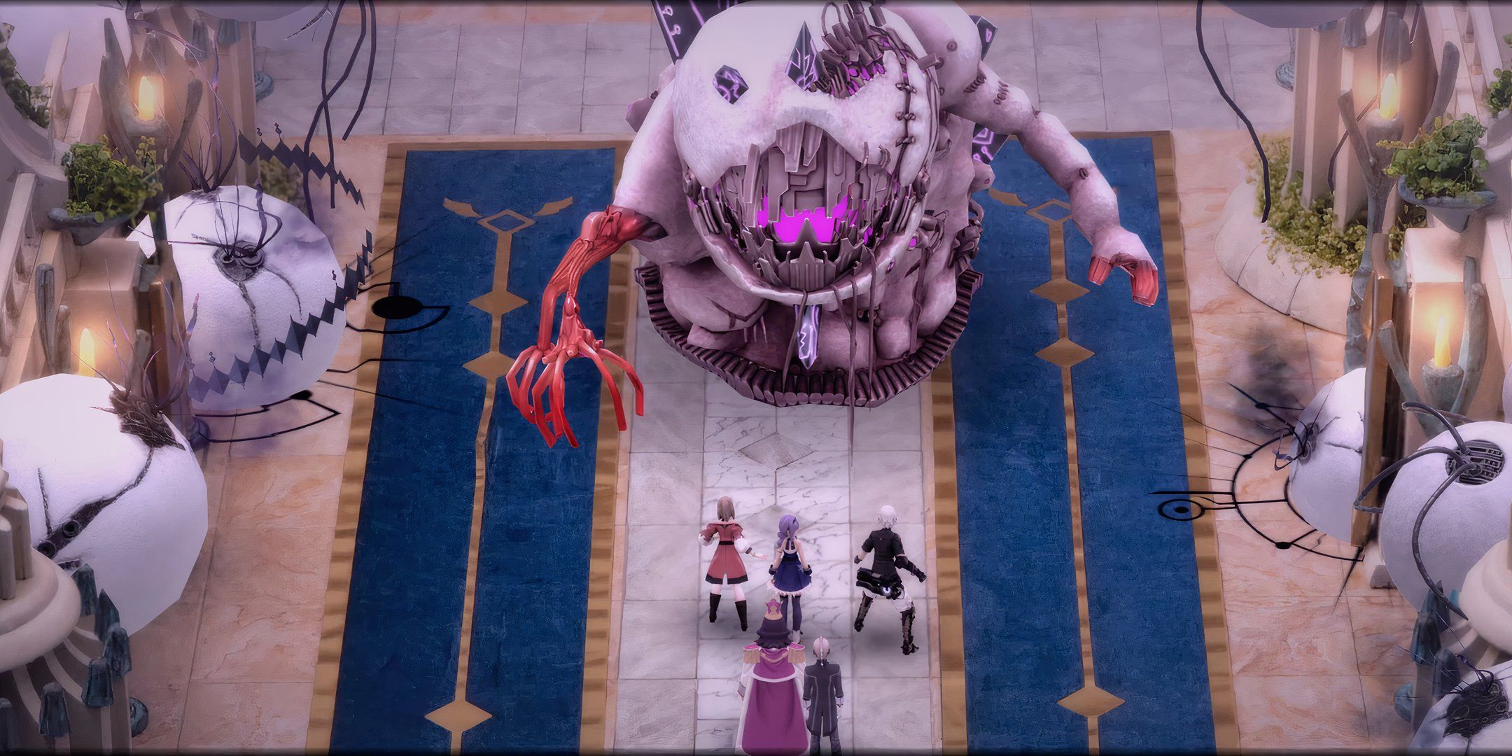 The party look up and the large Infernal Mechteria Blob that is standing in front of them in Fantasian Neo Dimension.