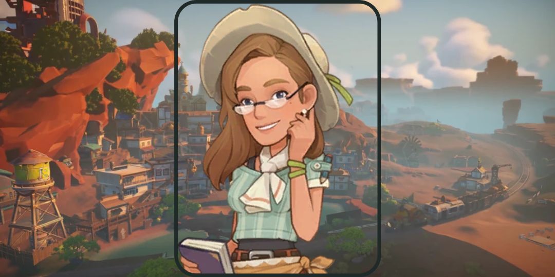Jane from My Time At Sandrock is shown. She is a lady with brown hair, glasses, blue shirt, and a purple book.