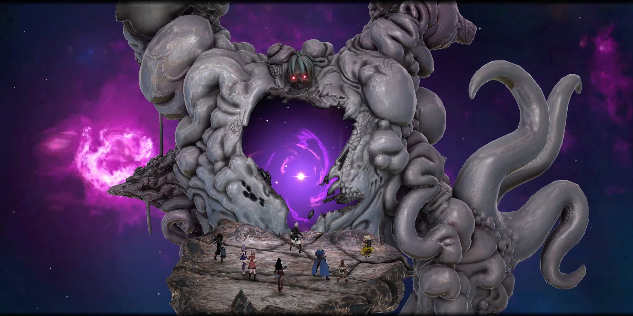 The party looks up at a giant, swirling mass of grey matter surrounding a black hole, with a head and glowing eyes on top in Fantasian Neo Dimension.