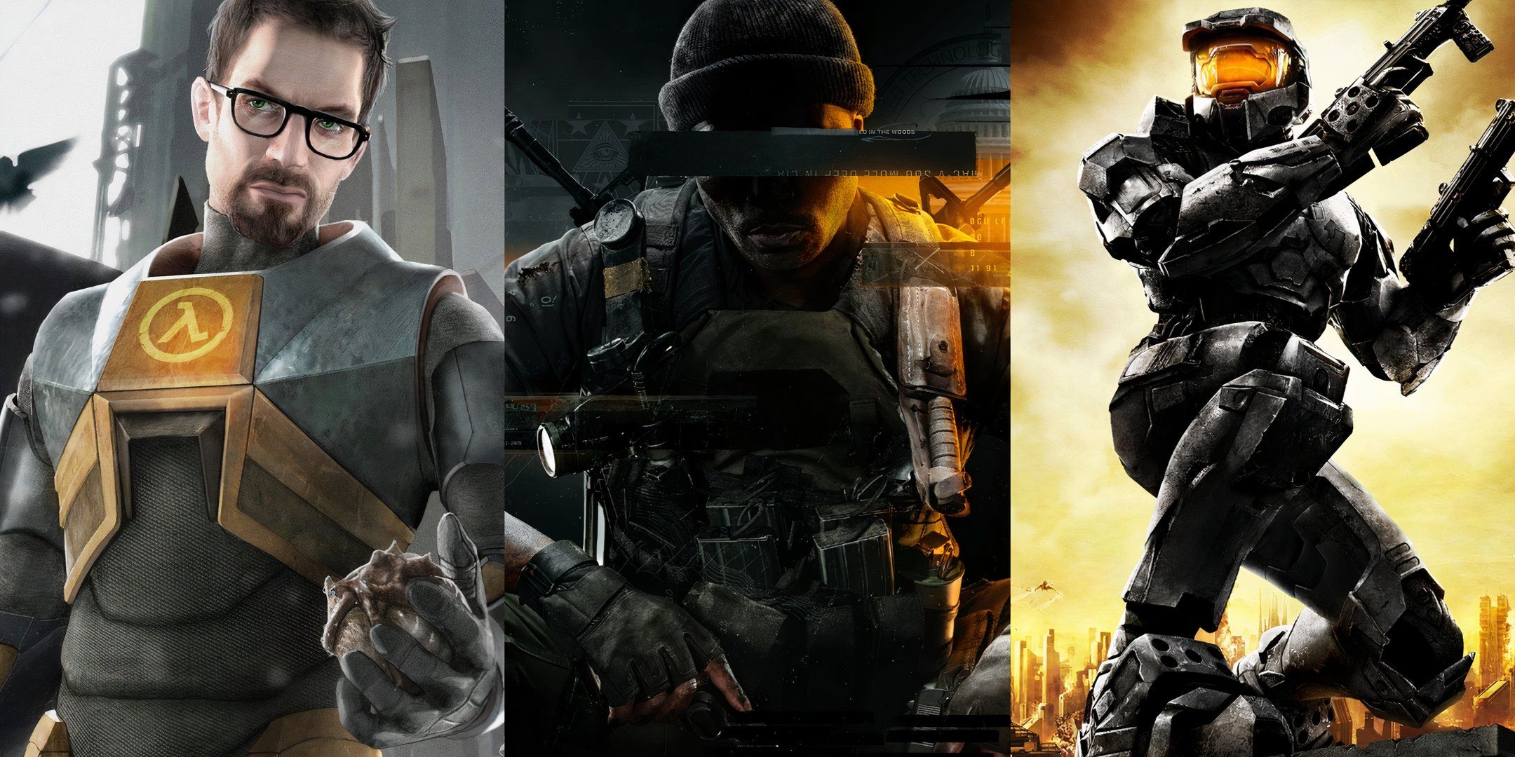 Key art for Half-Life 2, Call of Duty Black Ops 6, and Halo 2 Anniversary