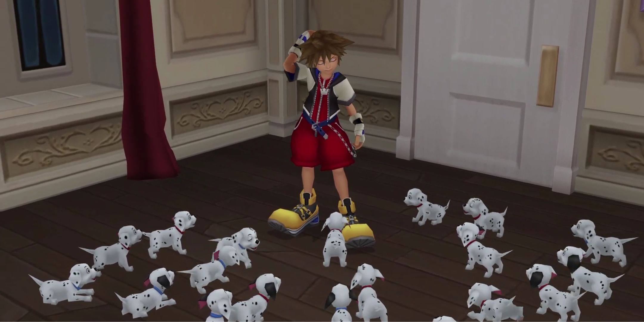 Sora surrounded by Dalmatians in Kingdom Hearts.