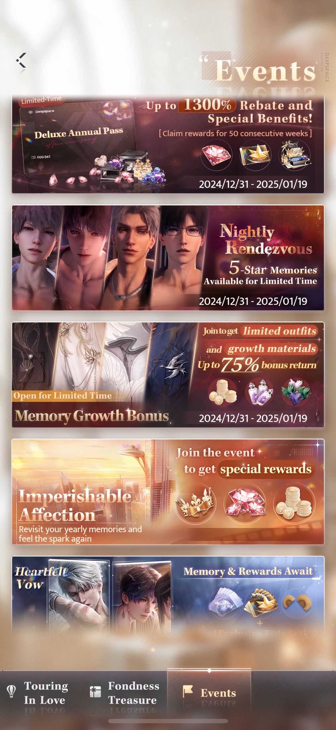 Love And Deepspace: An image of the Anniversary Event lineup in the Events tab.