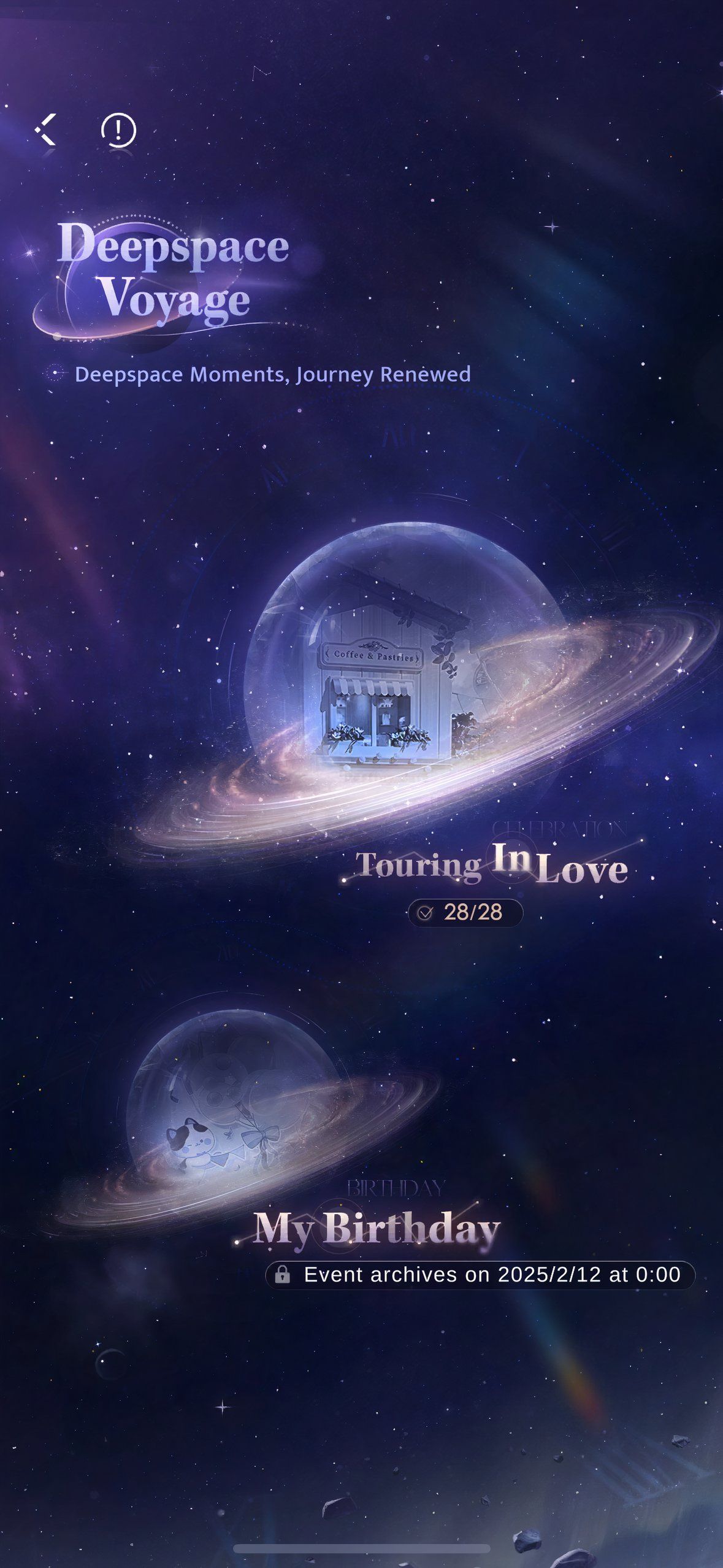 Love And Deepspace: An image of the Deepspace Voyage tab.