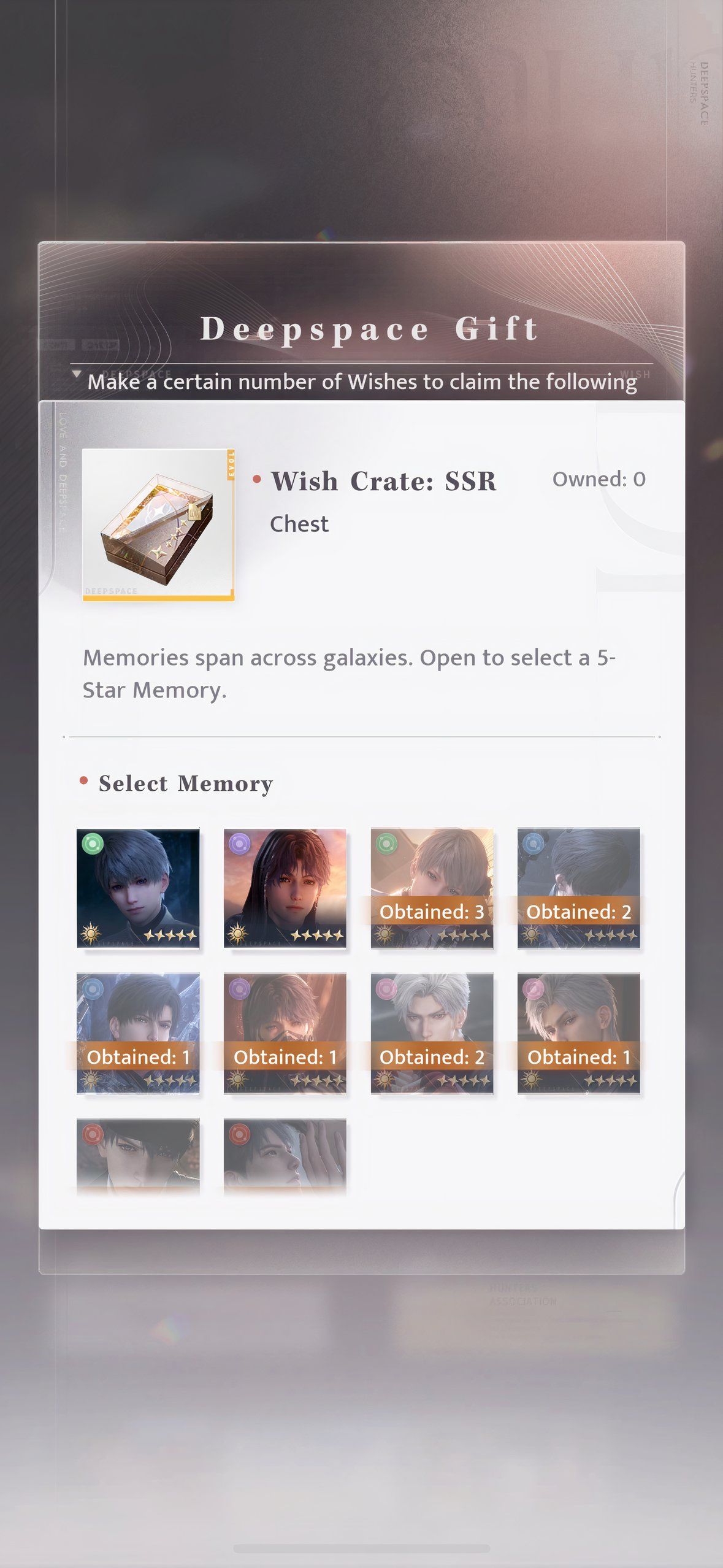 Love And Deepspace: An image of the possible rewards in a Wish Crate: SSR.