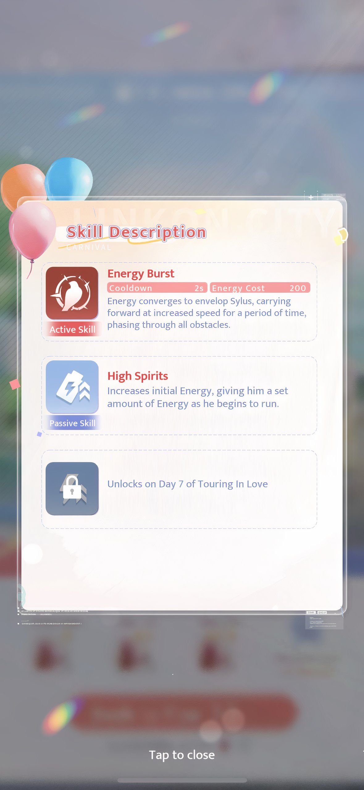 Love And Deepspace: An image of the Skill description for Sylus's Heart's Pursuit Skills.