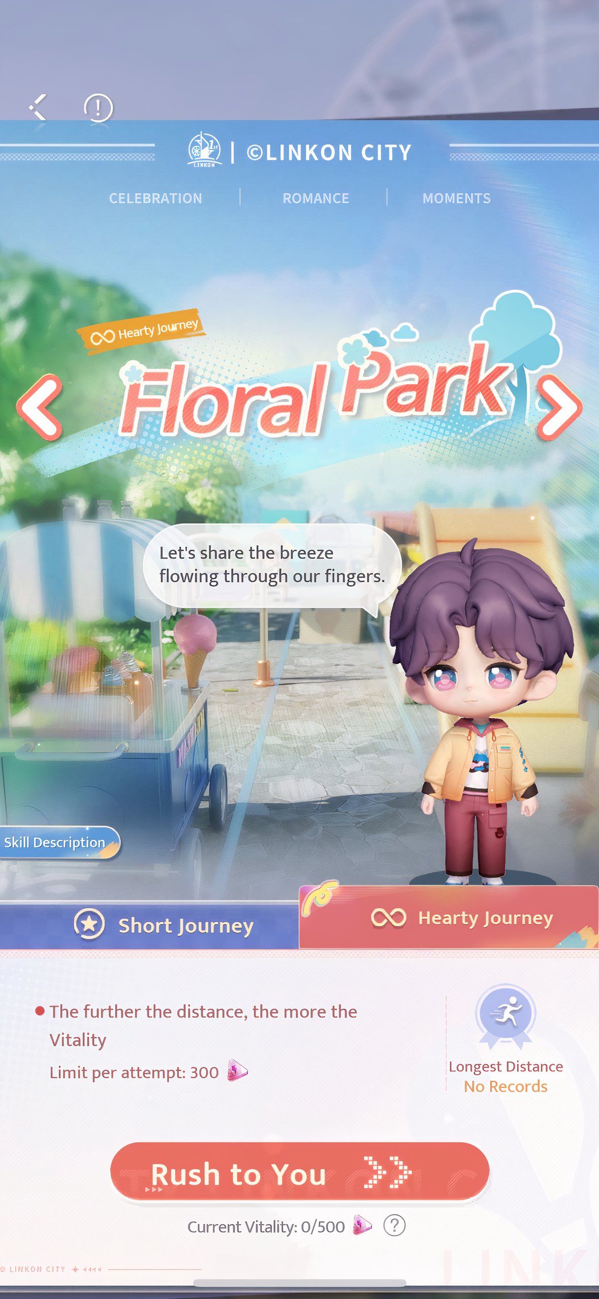 Love And Deepspace: An image of the Floral Park Hearty Journey screen, featuring Rafayel.