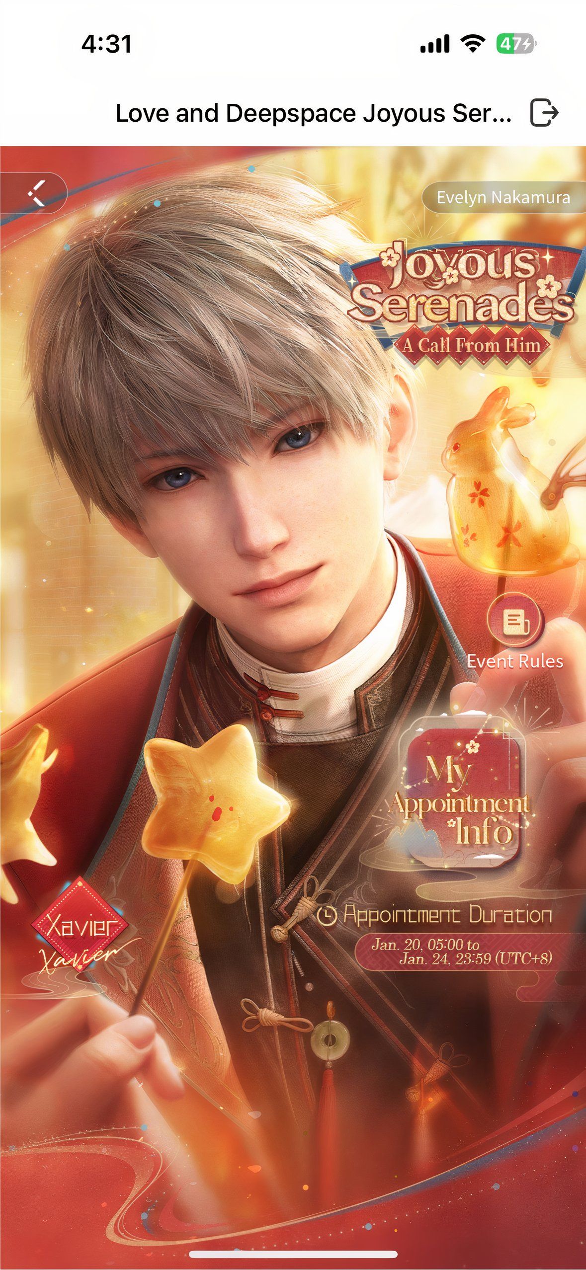 Love And Deepspace: An image of Xavier in the Joyous Serenades event screen.