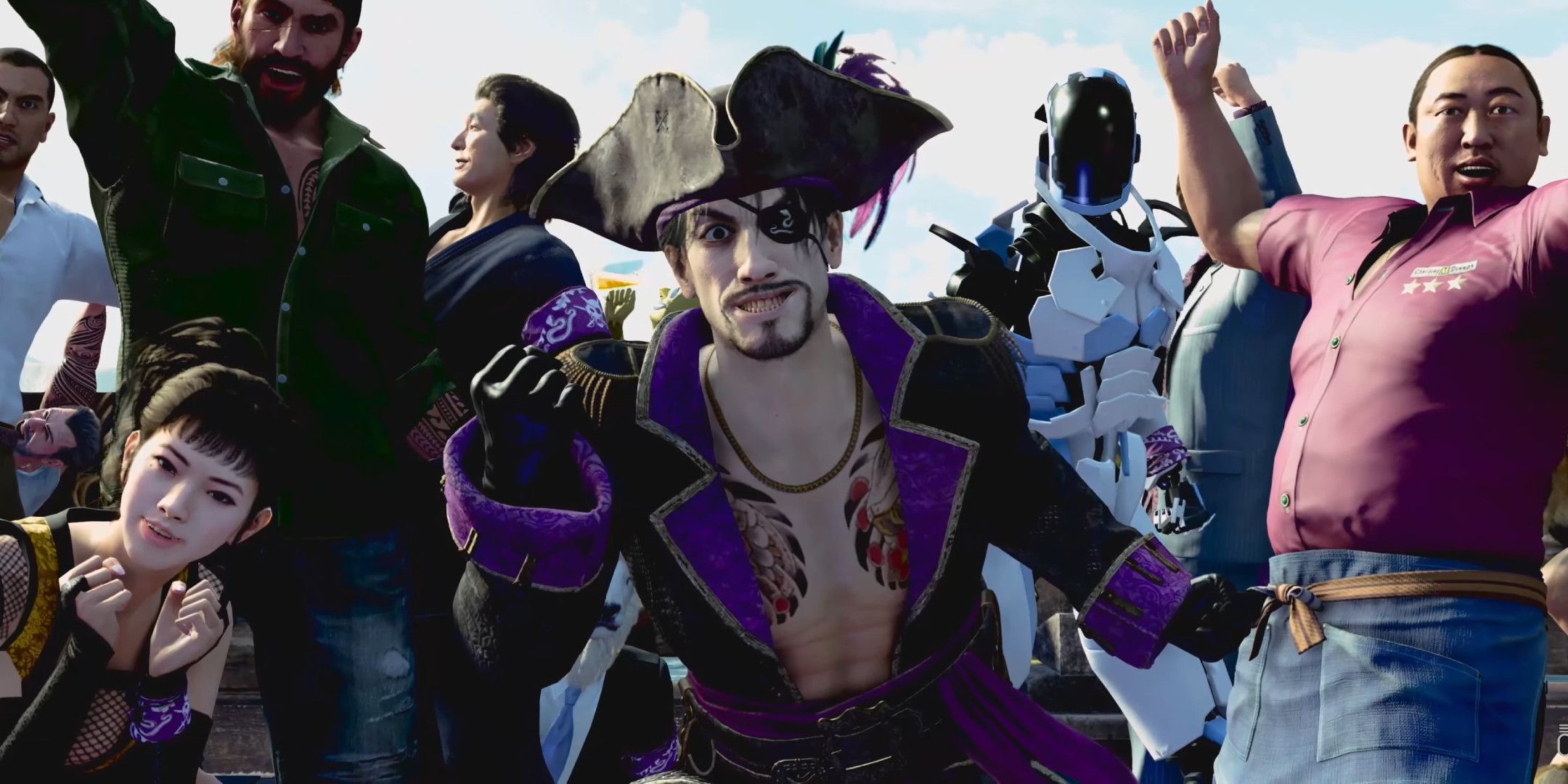 Majima in a pirate outfit celebrating amongst a group of men and women