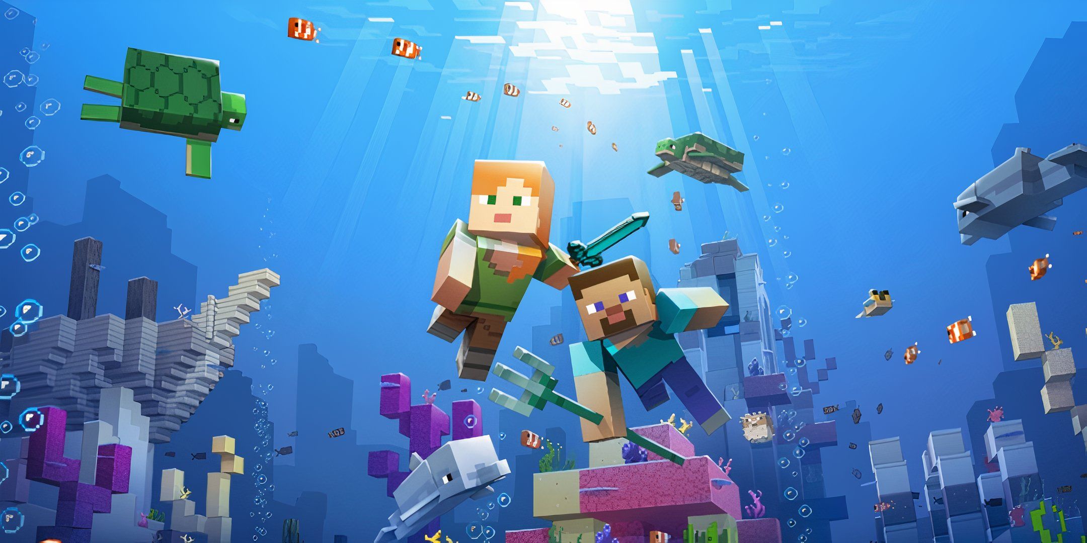 Key art for Minecraft's aquatic update, in which Steve and Alex swim through the ocean.