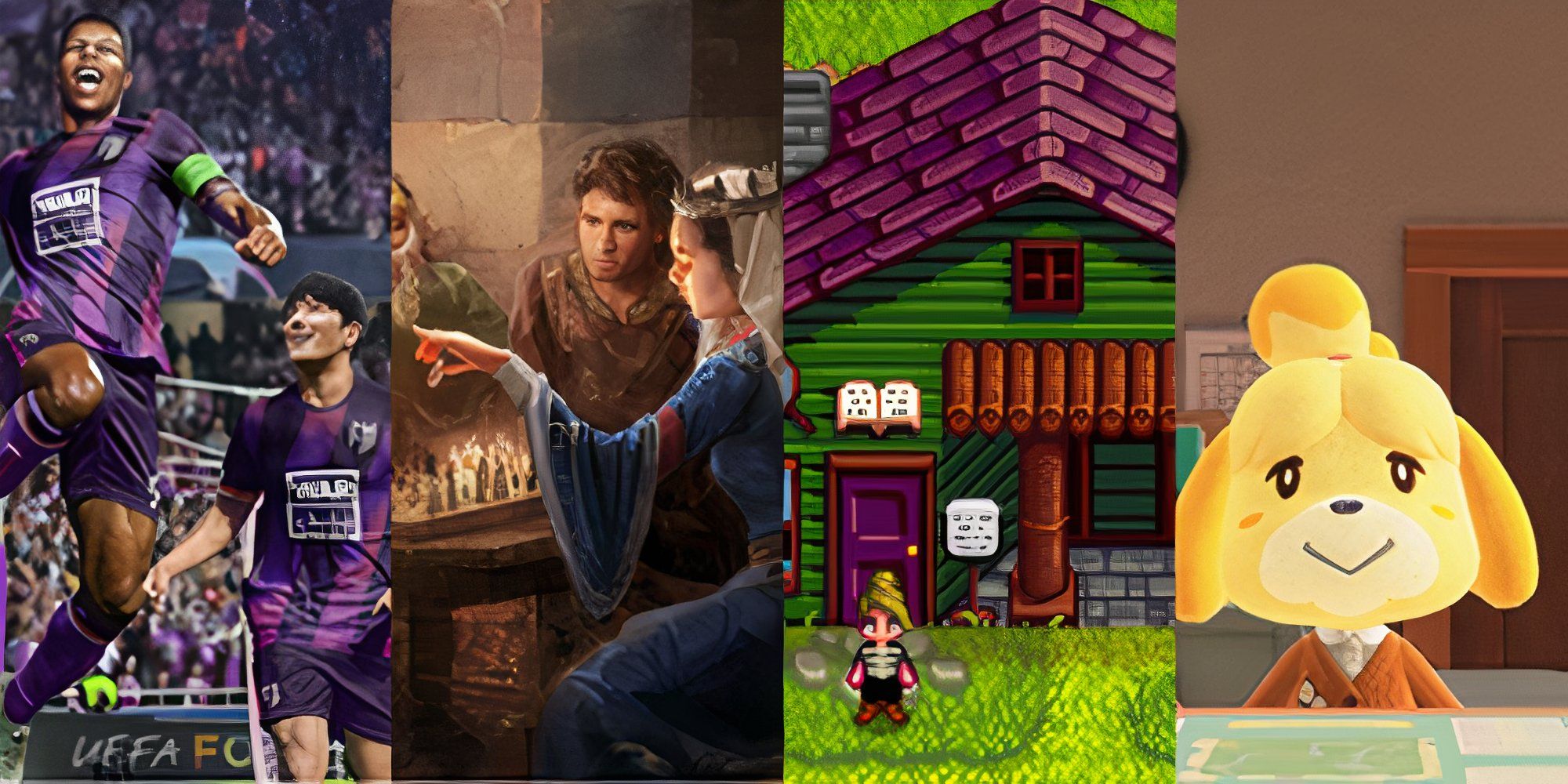 Collage showing four games you&rsquo;d need a spreadsheet to play. From left to right: Football Manager 2024, Crusader Kings 3, Stardew Valley, and Animal Crossing.