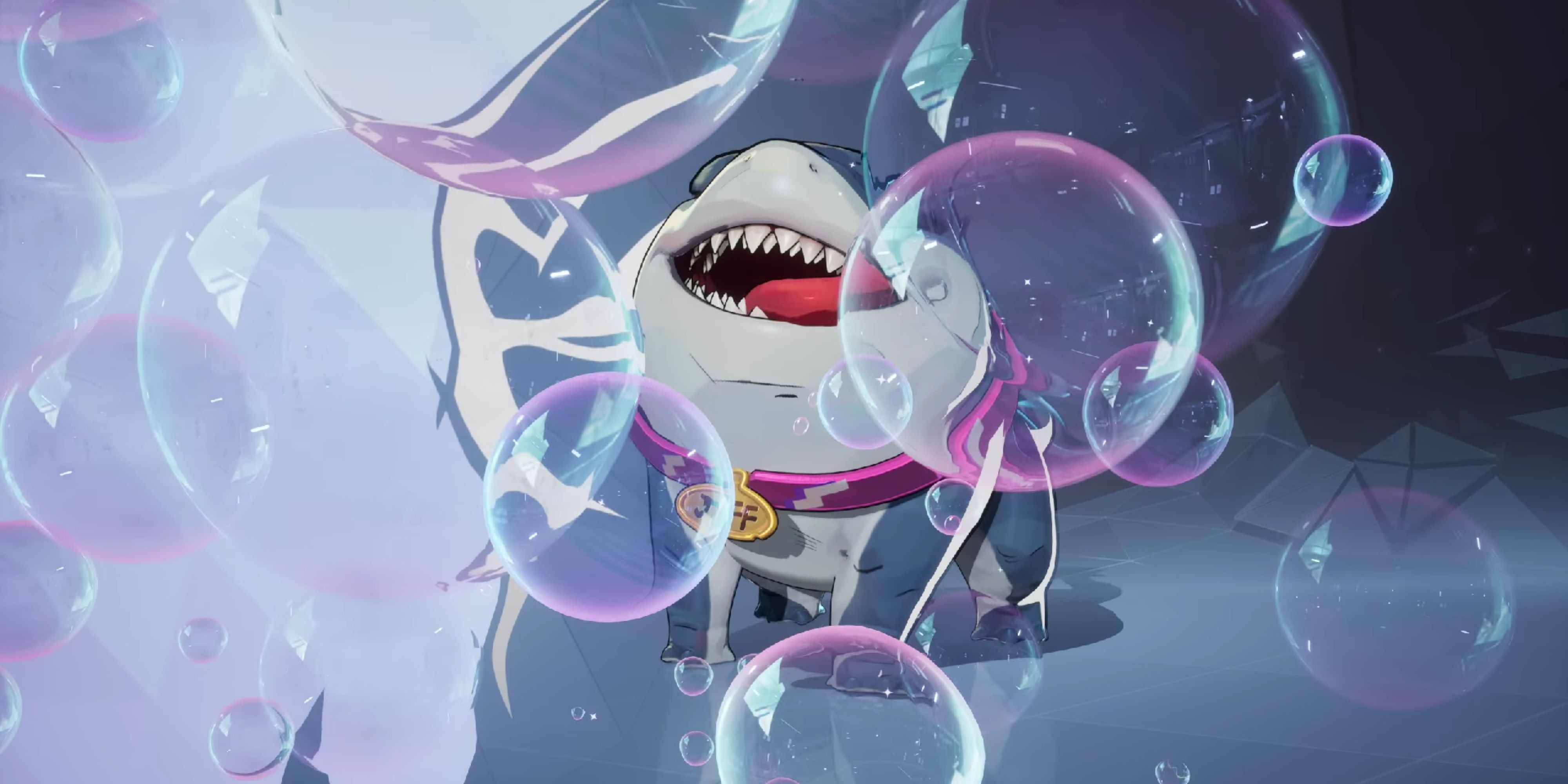 jeff the land shark from marvel rivals with bubbles in front of him.