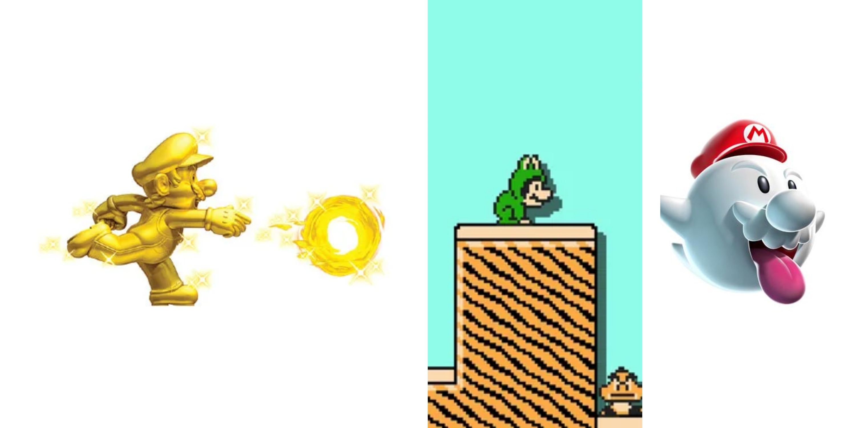 Golden Flower, Frog Mario, Boo Mushroom. 