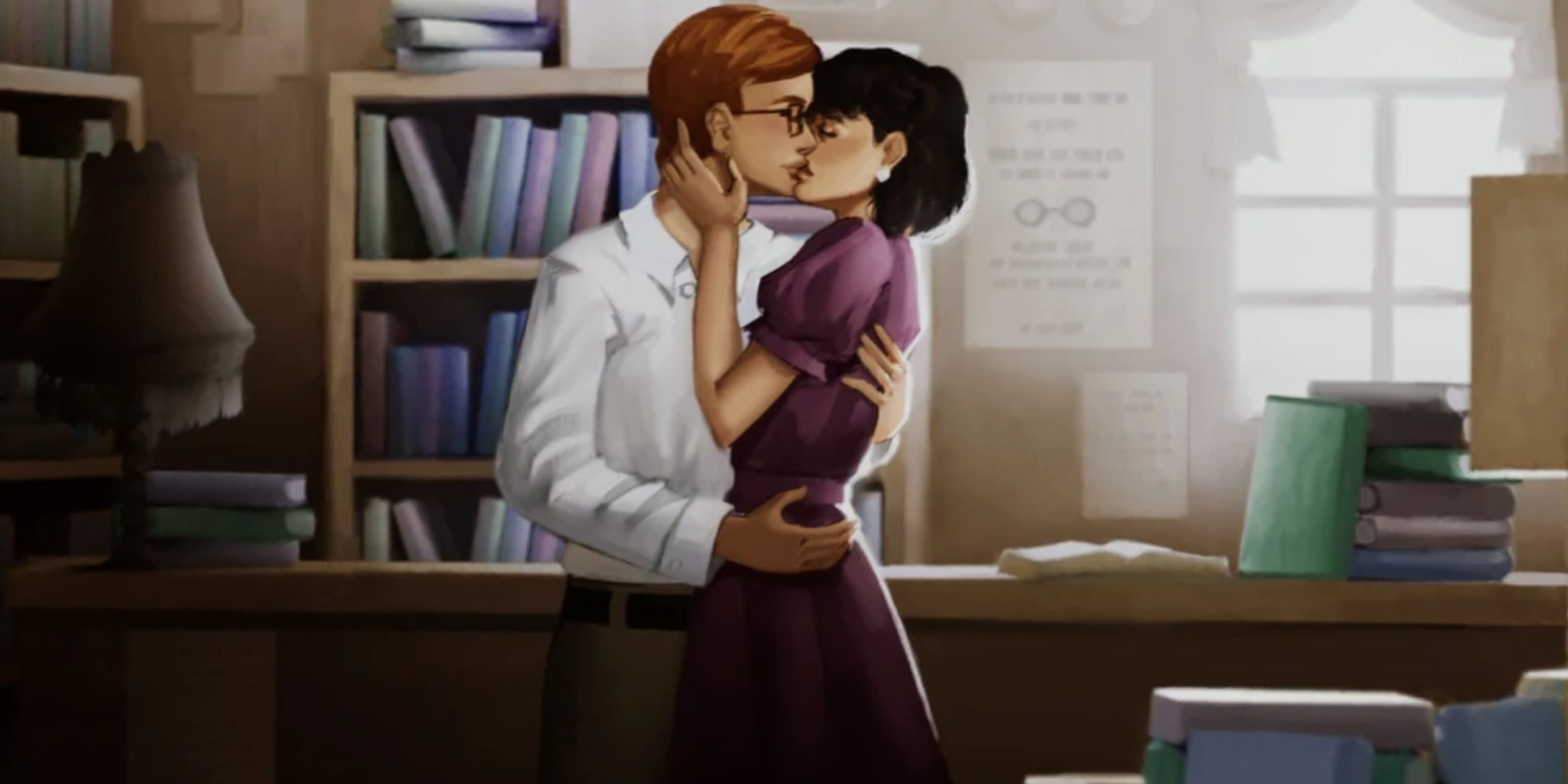 Andrew and Sophie kiss in their bookstore.