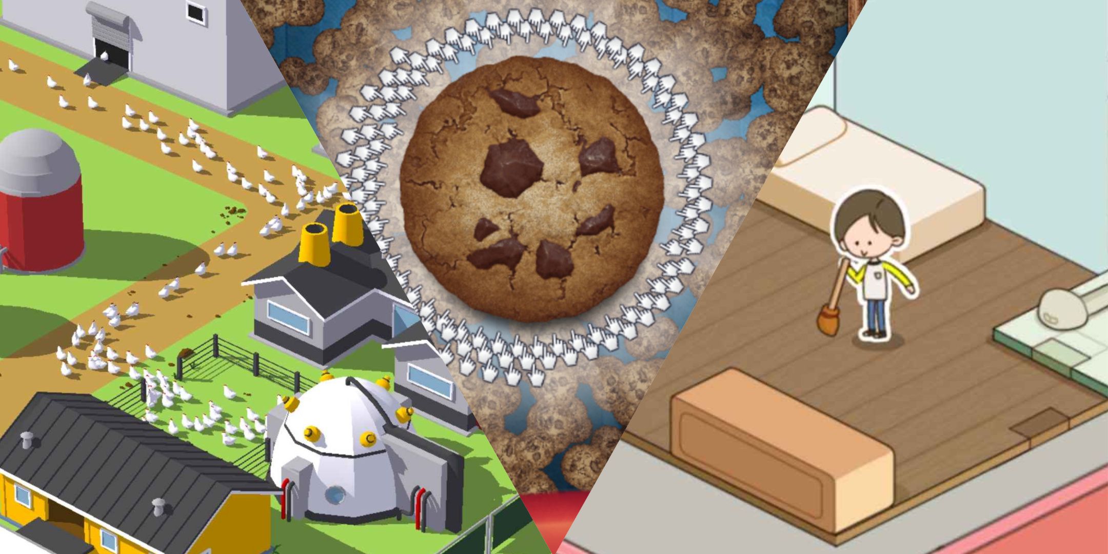 Featured Image, Best Idle Tycoon Games featuring Egg Inc, Cookie Clicker, and Rent Please! Landlord Sim.