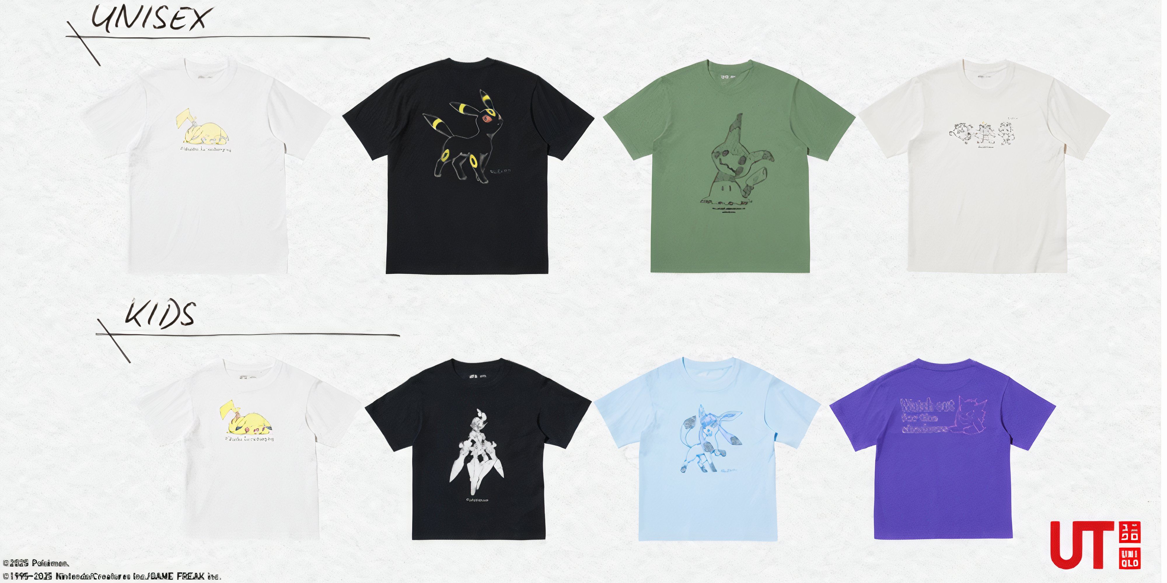 pokemon x uniqlo adult and kids t-shirt designs.