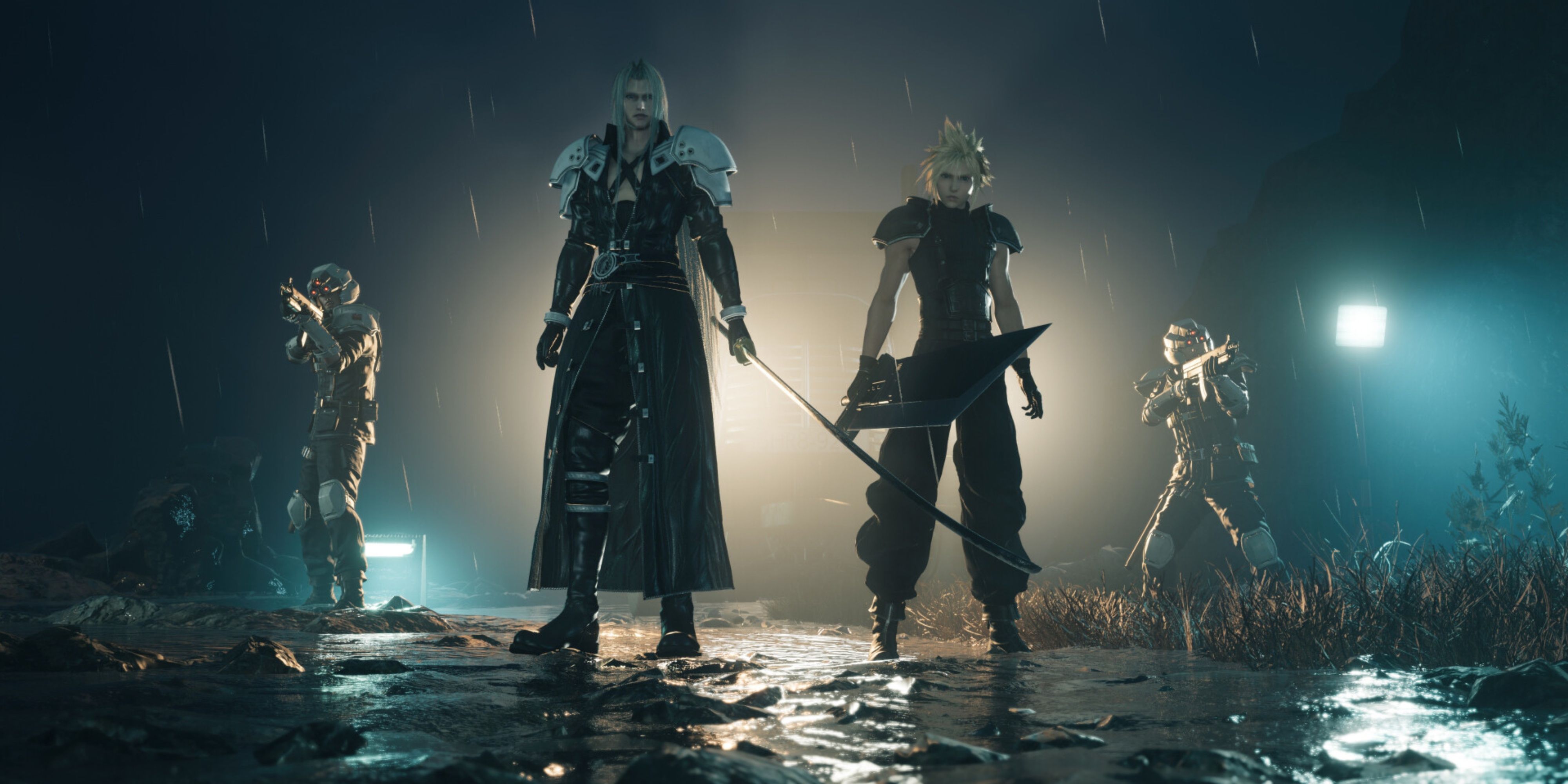 cloud and sephiroth standing in the rain in final fantasy 7 rebirth.