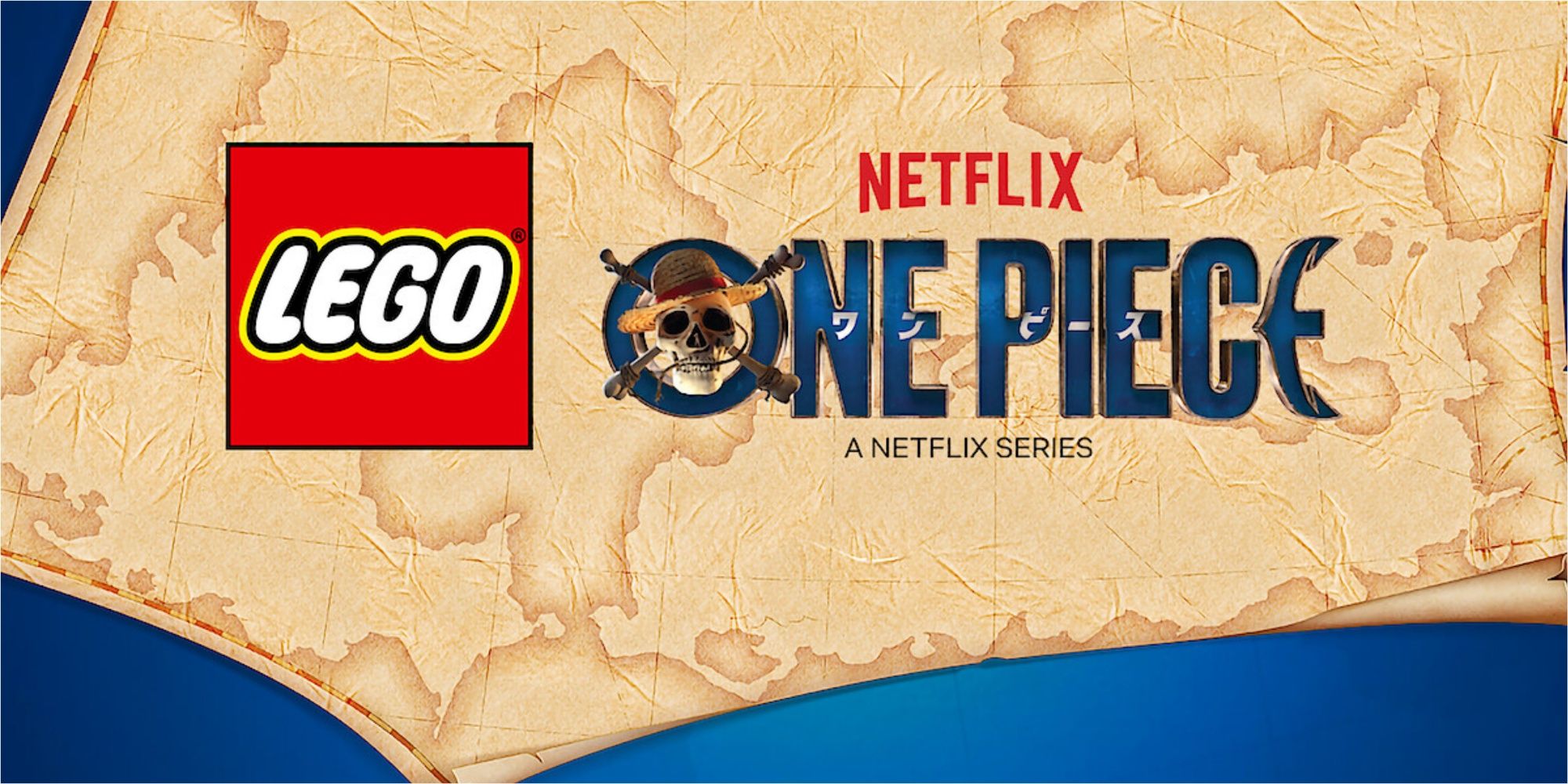 Lego and Netflix's One Piece series logos on top of a map. 