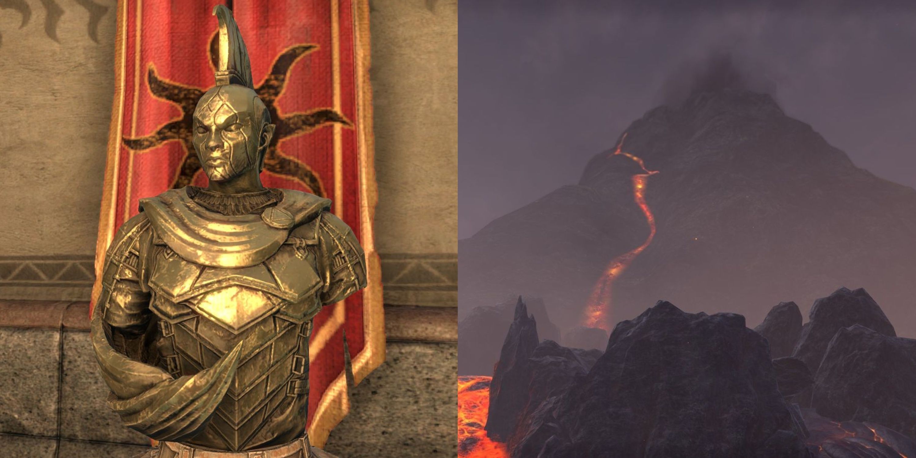 A bust of Indoril Nerevar (left); the Red Mountain in Vvardenfell (right).