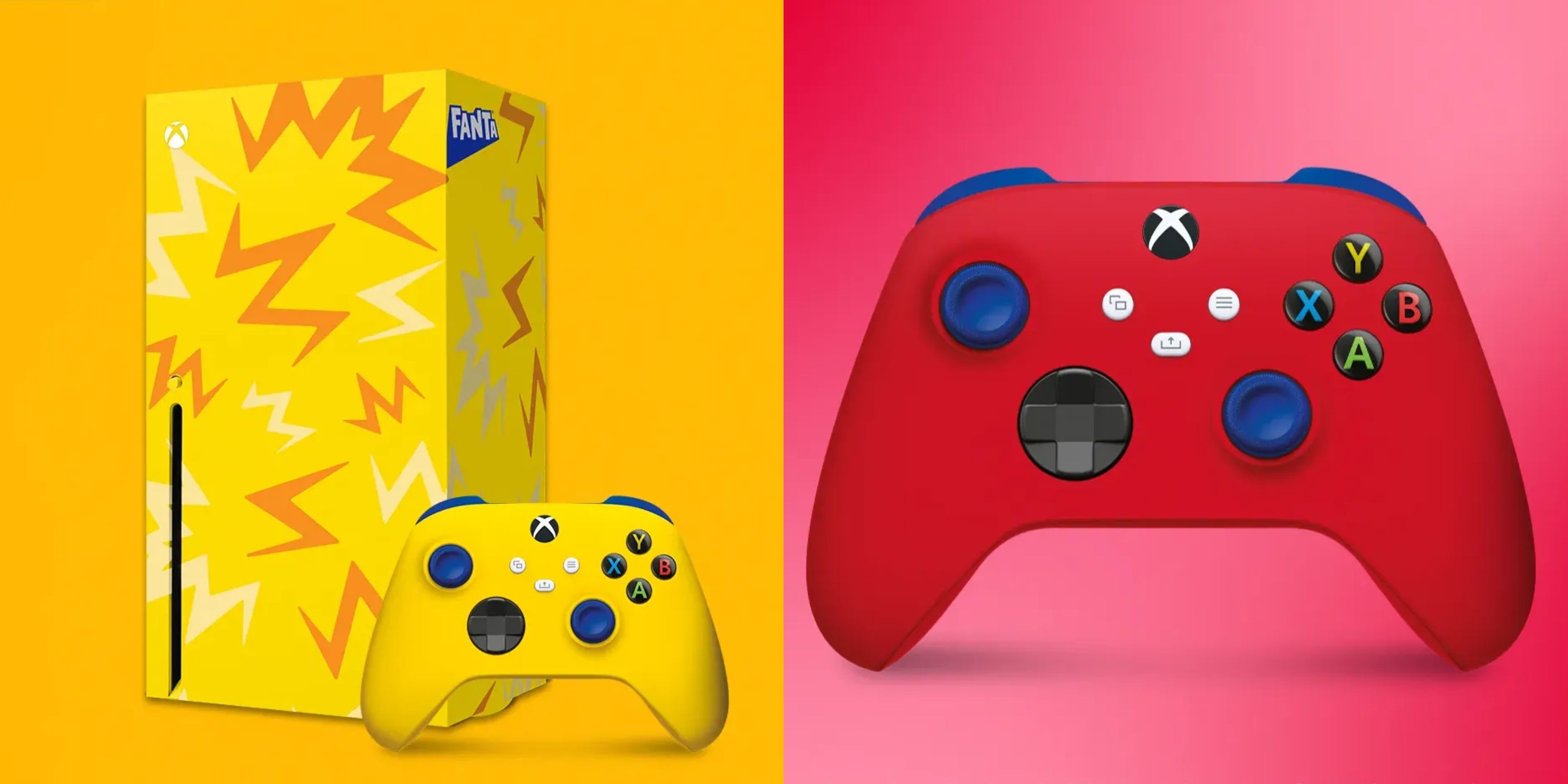 fanta lemon xbox series x and matching controller and a fanta fruit twist xbox controller.