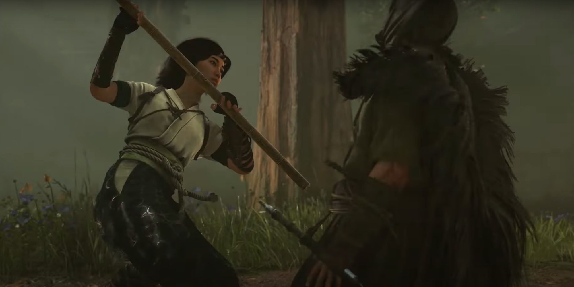 Naoe attacking an enemy with a bo staff in Assassin's Creed Shadows' Claws of Awaji DLC.